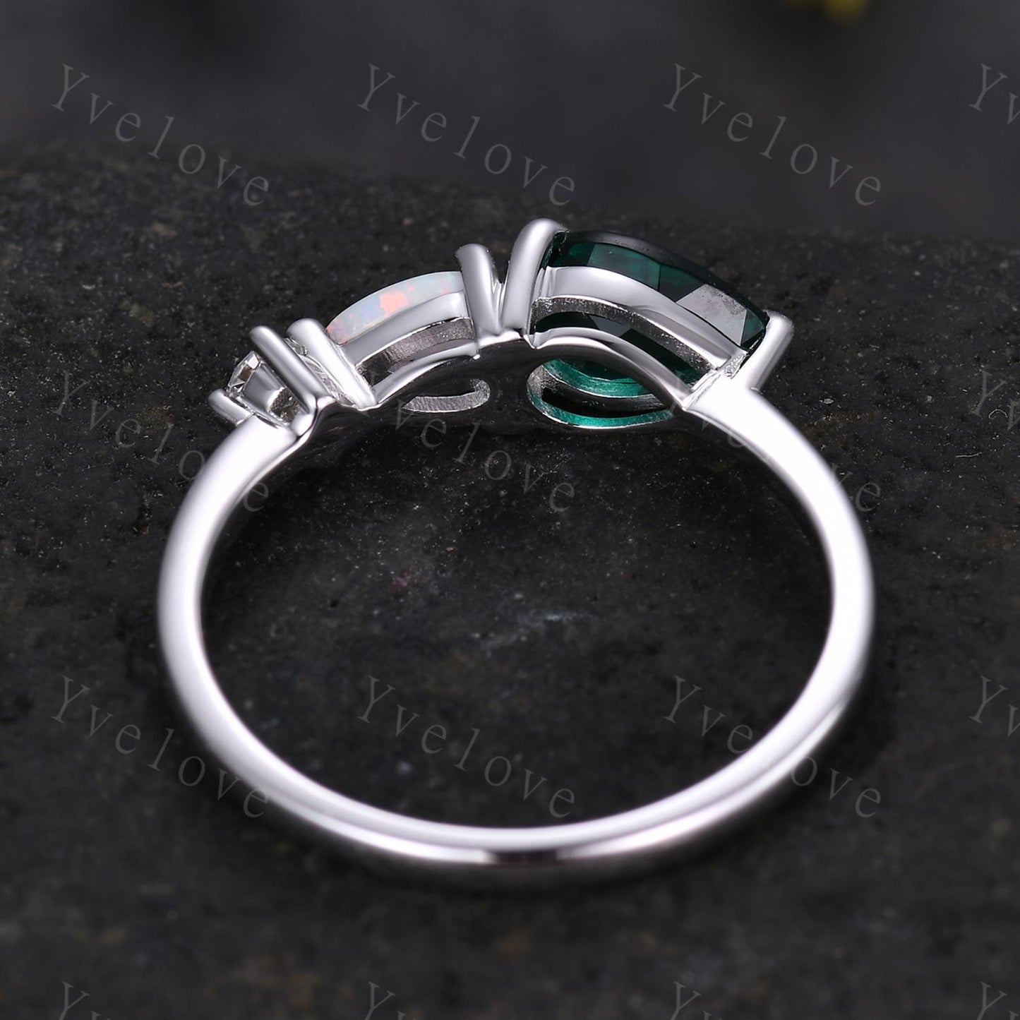 5x7mm Teardrop cut Emerald Engagement Ring,Art Deco Opal Moissanite Wedding Band,3 Stone Unique Women Bridal Promise Ring,Customized Gift
