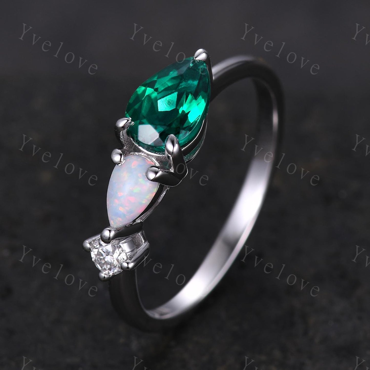5x7mm Teardrop cut Emerald Engagement Ring,Art Deco Opal Moissanite Wedding Band,3 Stone Unique Women Bridal Promise Ring,Customized Gift