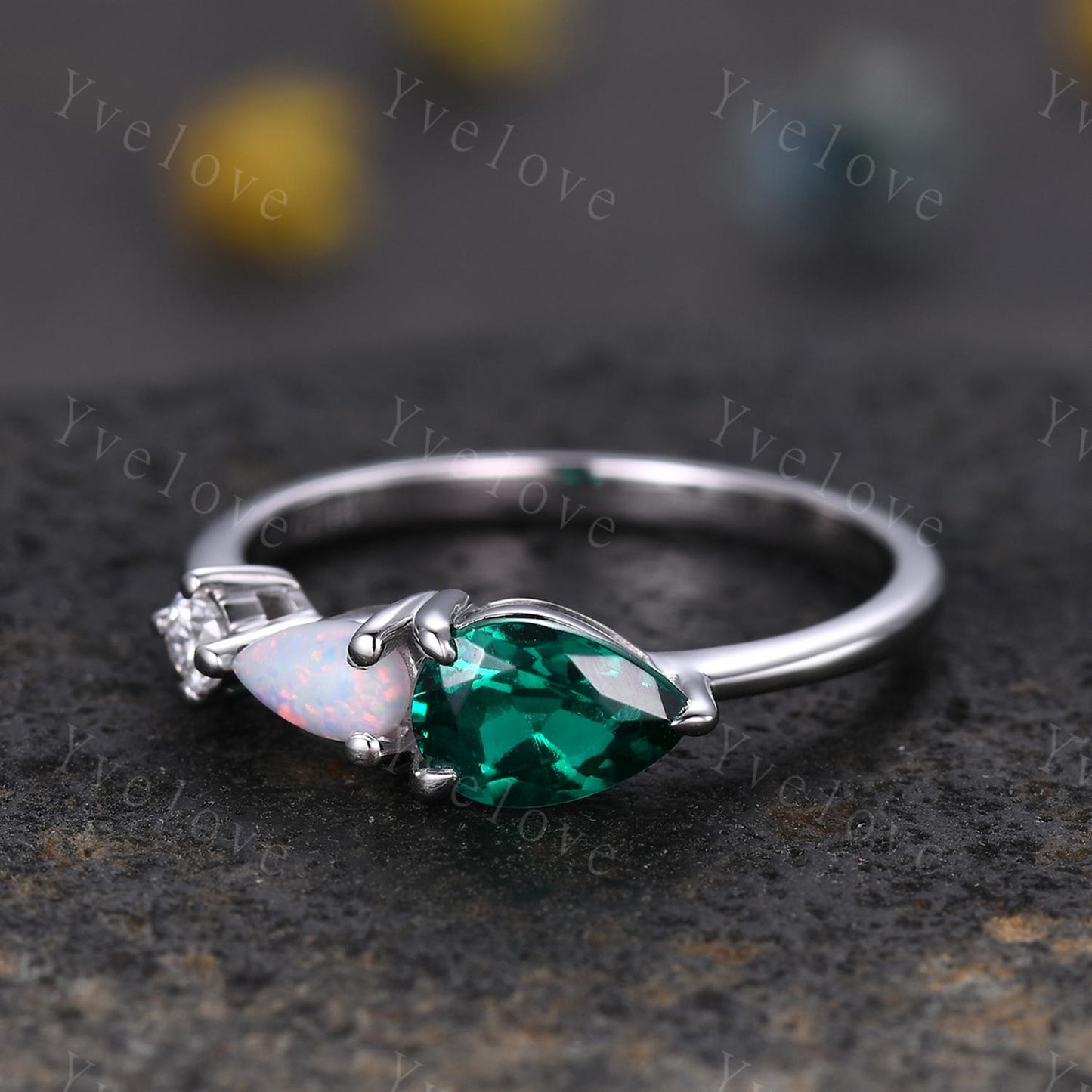 5x7mm Teardrop cut Emerald Engagement Ring,Art Deco Opal Moissanite Wedding Band,3 Stone Unique Women Bridal Promise Ring,Customized Gift