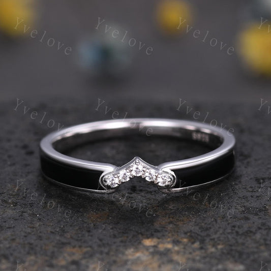 Black Onyx Moissanite Band,Black Onyx Engagement Ring,Black Gems Ring,Matching Stackable Ring,Women Ring Anniversary Promise Gift For Her