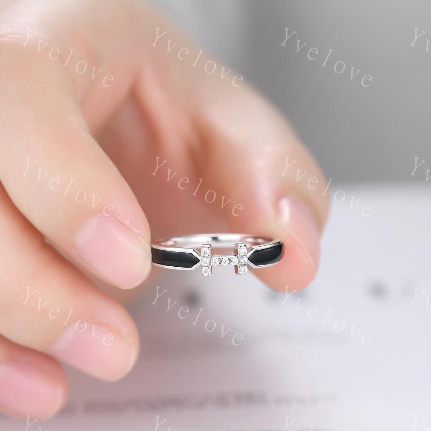 Black Onyx Moissanite Ring,Black Onyx Engagement Band,Modern Band,Moissanite Matching Stackable Ring,Women Ring Promise Gift For Her
