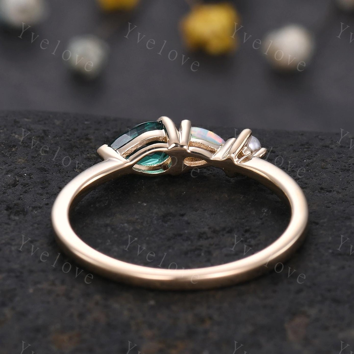 Vintage Emerald Opal Engagement Ring,Pear Cut Gems,Art Deco Pearl Wedding Band,3 Stone Unique Women Bridal Promise Ring,Gold ring,Custom