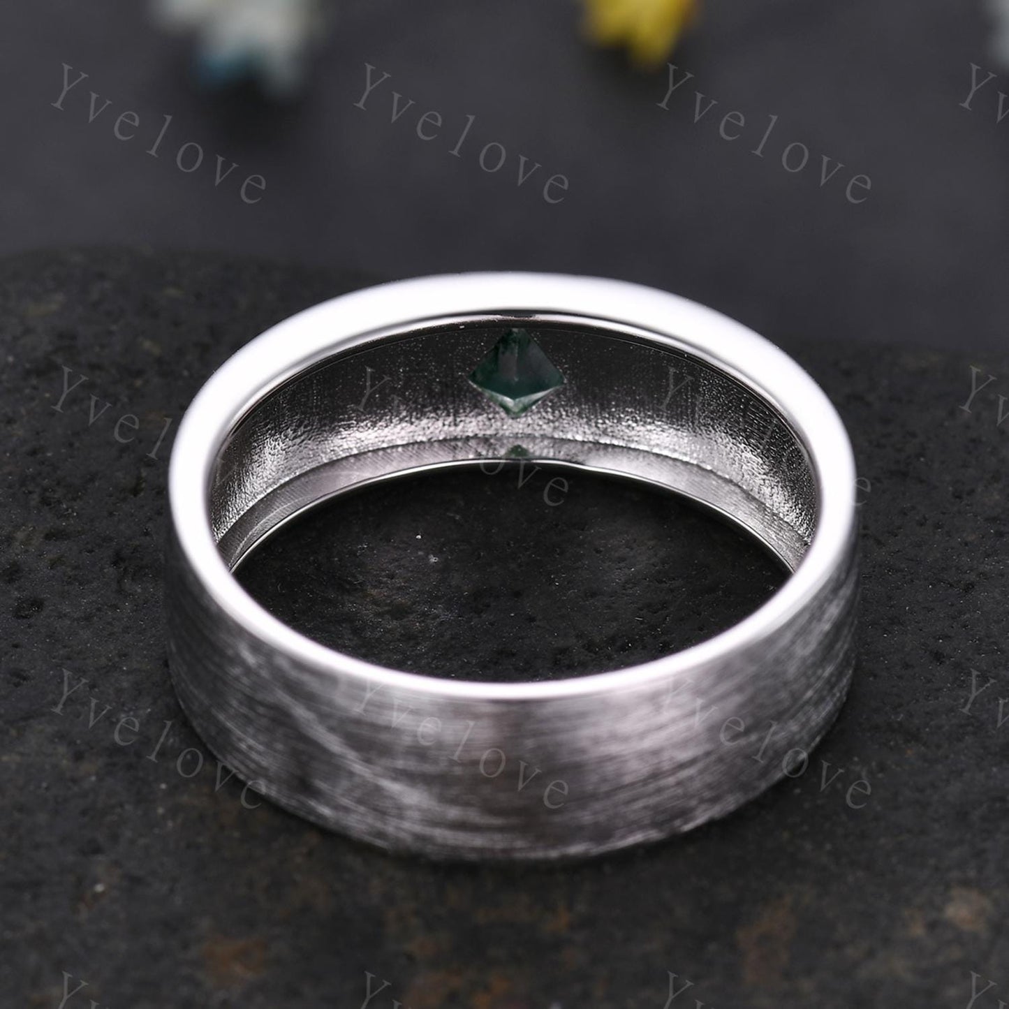 7mm Mens Kite Moss Agate Wedding Band Nature Inspired Agate Jewelry Engagement Ring Satin Texture Band Mens Stacking Band His Wedding band