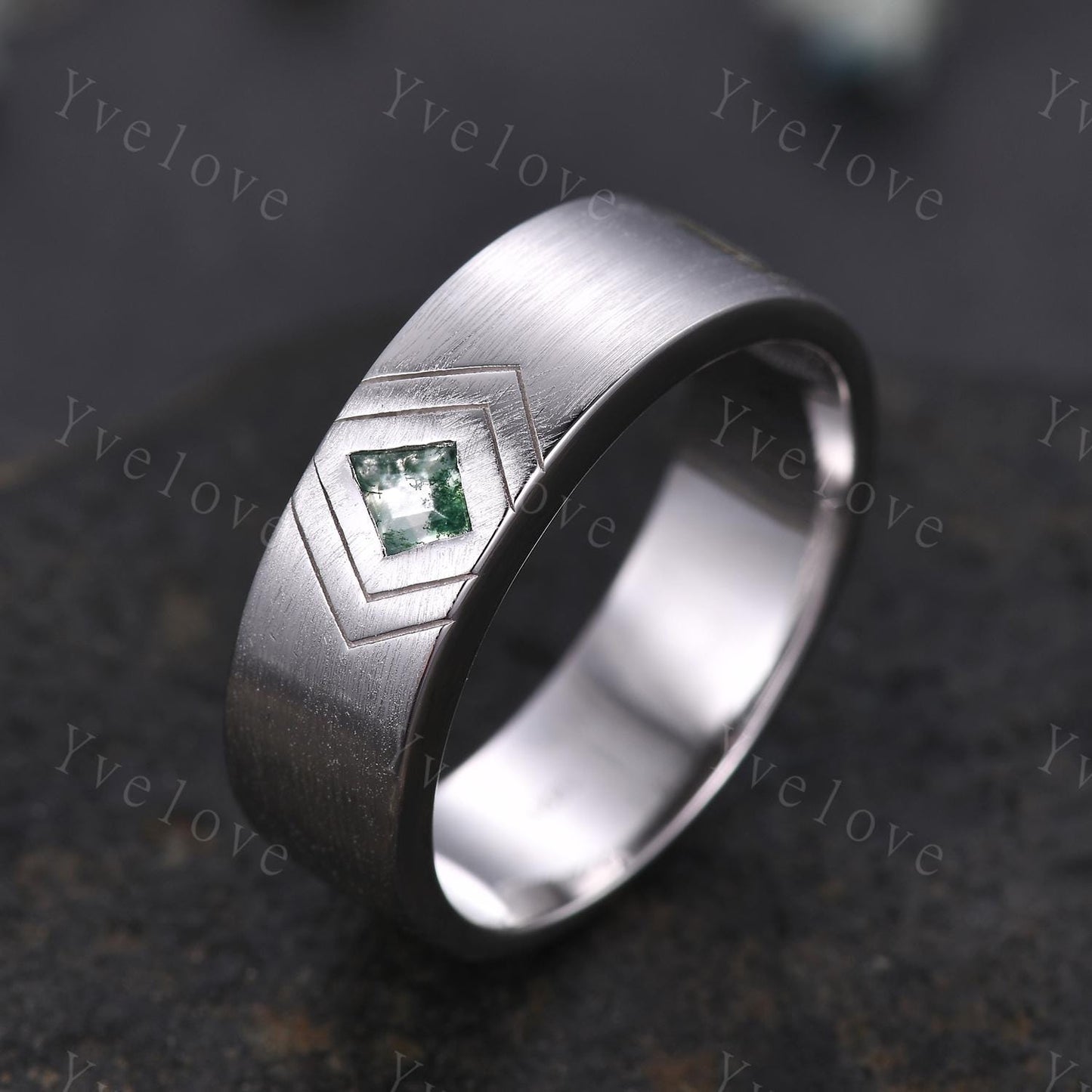 7mm Mens Kite Moss Agate Wedding Band Nature Inspired Agate Jewelry Engagement Ring Satin Texture Band Mens Stacking Band His Wedding band