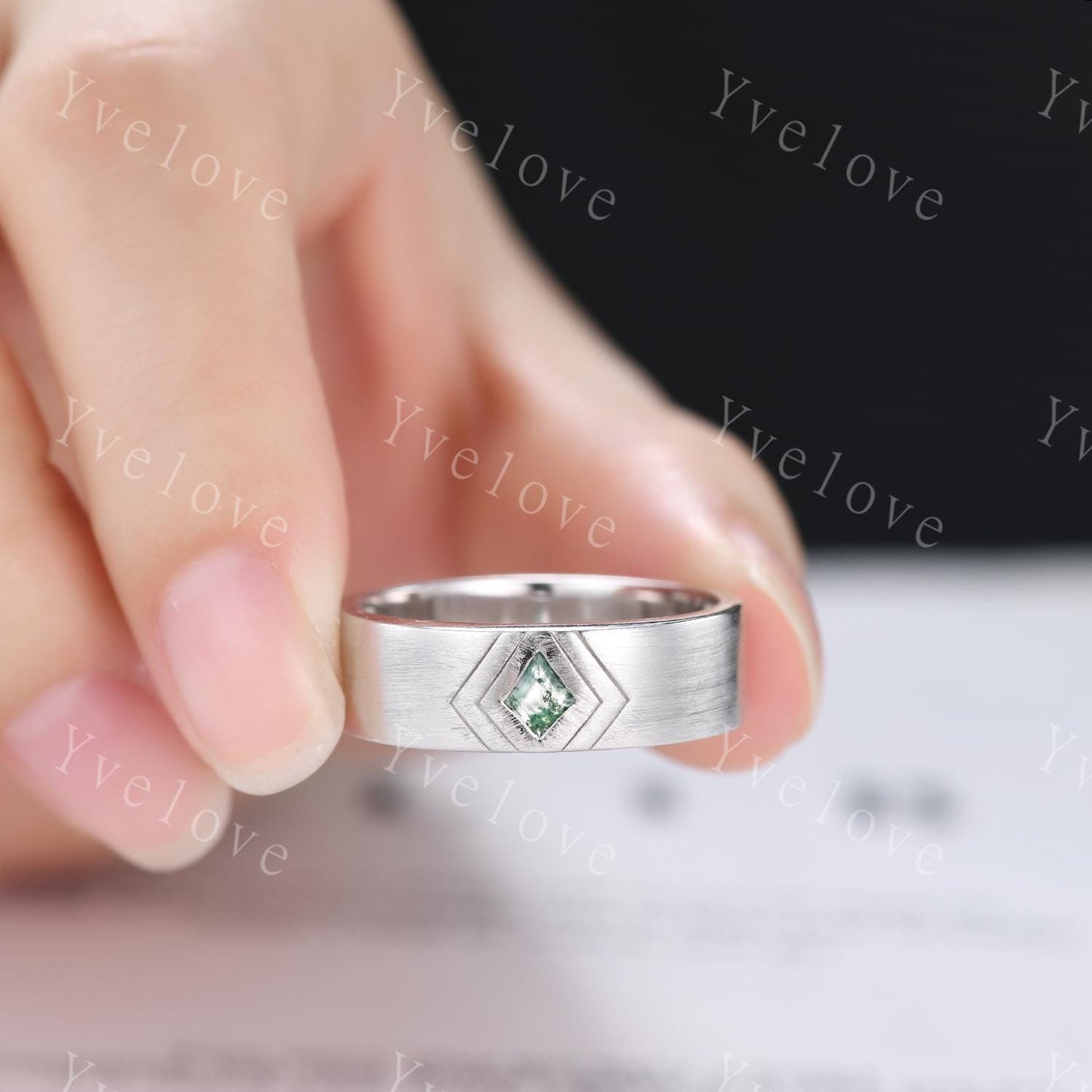 7mm Mens Kite Moss Agate Wedding Band Nature Inspired Agate Jewelry Engagement Ring Satin Texture Band Mens Stacking Band His Wedding band