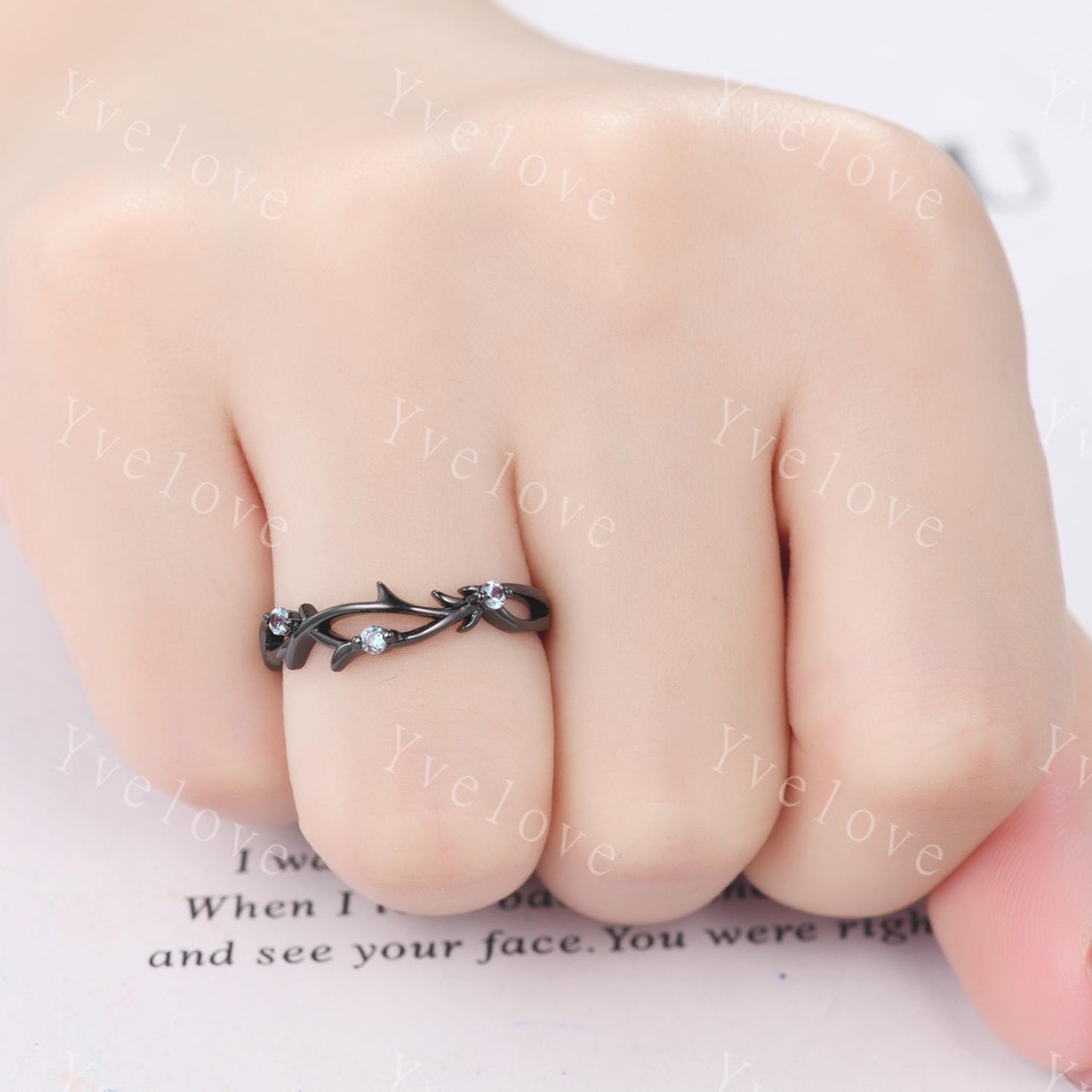 Dainty Alexandrite Engagement Ring,Twig Matching Band,Leaf Band, Wild Nature Ring Branch Wedding Band,14k Black Gold,Twisted Stacking Band