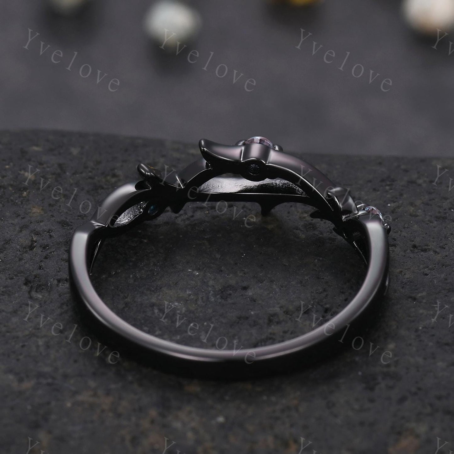 Dainty Alexandrite Engagement Ring,Twig Matching Band,Leaf Band, Wild Nature Ring Branch Wedding Band,14k Black Gold,Twisted Stacking Band