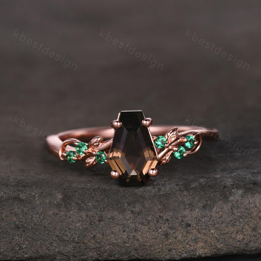Coffin cut smoky quartz engagement ring Rose gold ring Art deco leaf design emerald wedding ring nature inspired ring bridal promise ring