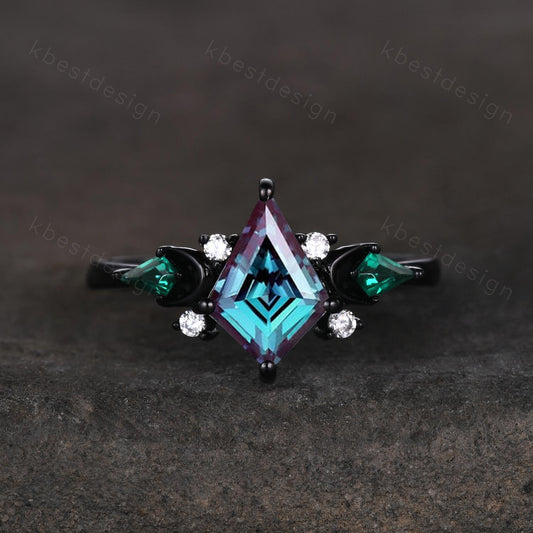 Kite cut Alexandrite engagement ring Black gold ring Art deco moon design emerald wedding ring unique cluster promise ring June birthstone