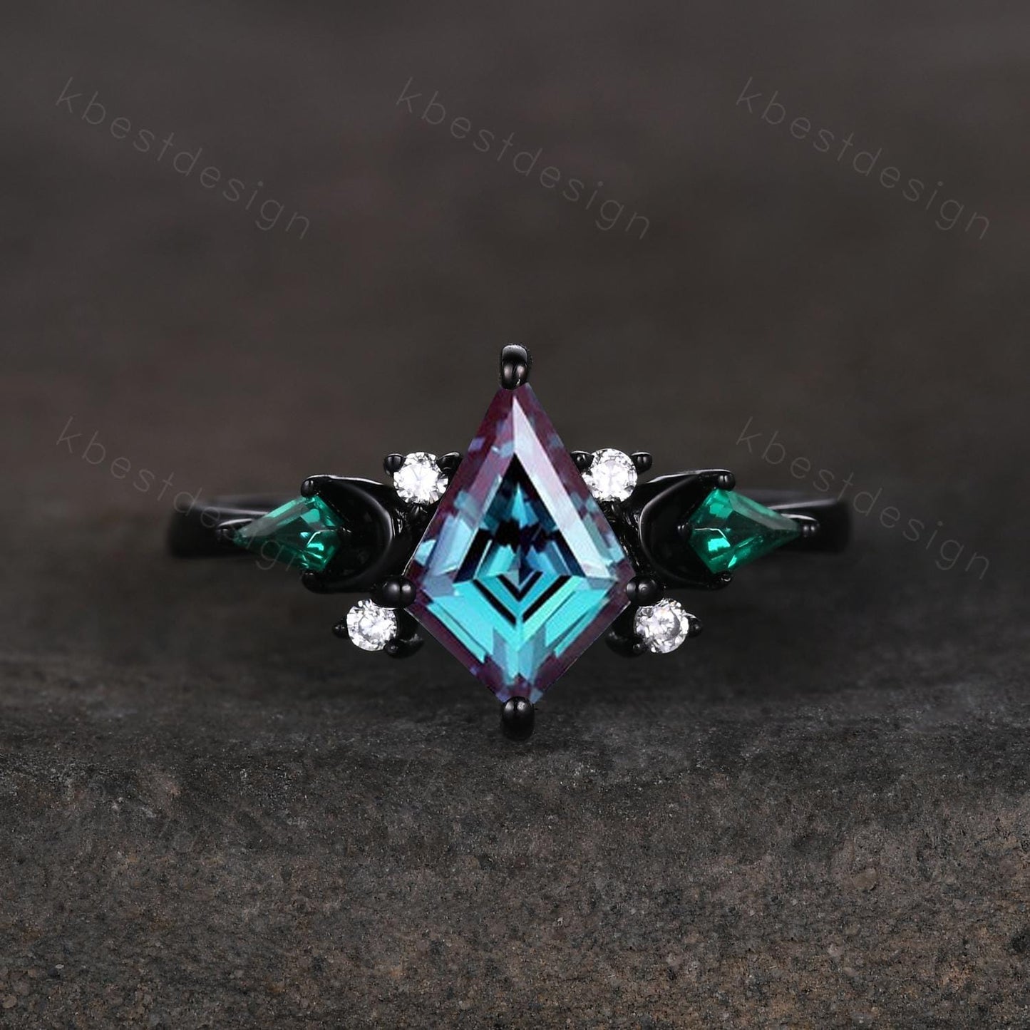 Kite cut Alexandrite engagement ring Black gold ring Art deco moon design emerald wedding ring unique cluster promise ring June birthstone