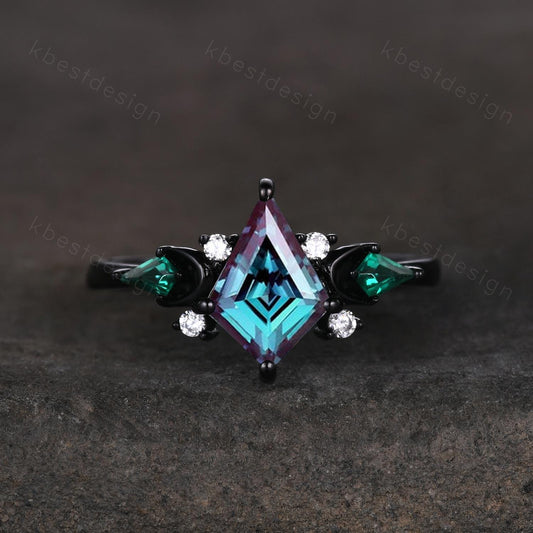 Kite cut Alexandrite engagement ring Black gold ring Art deco moon design emerald wedding ring unique cluster promise ring June birthstone