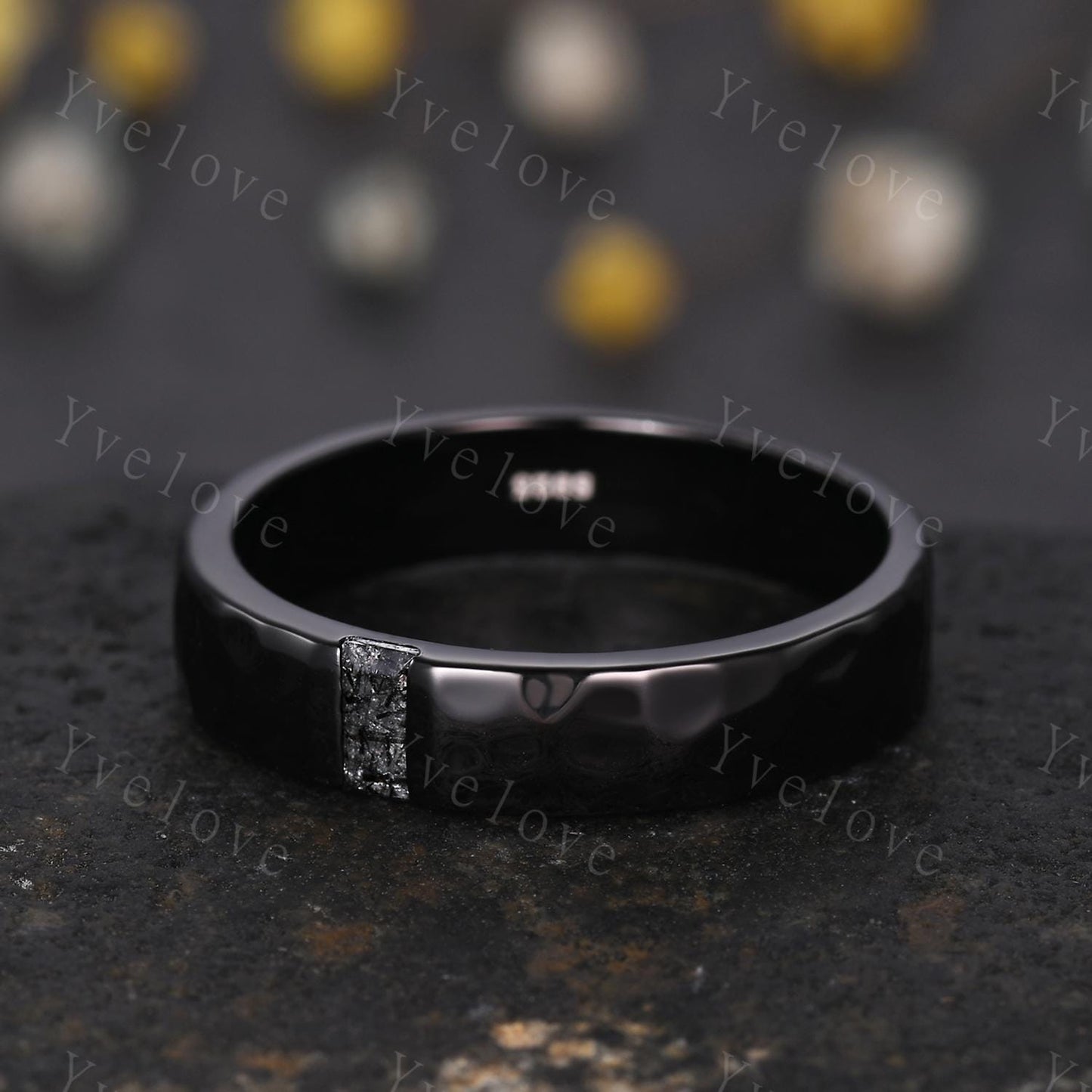 Mens Black Rutilated Quartz Wedding Band Baguette Cut Band 5mm Black Gold Ring Mens Hammered Stacking Matching Band Retro Vintage Ring Gift