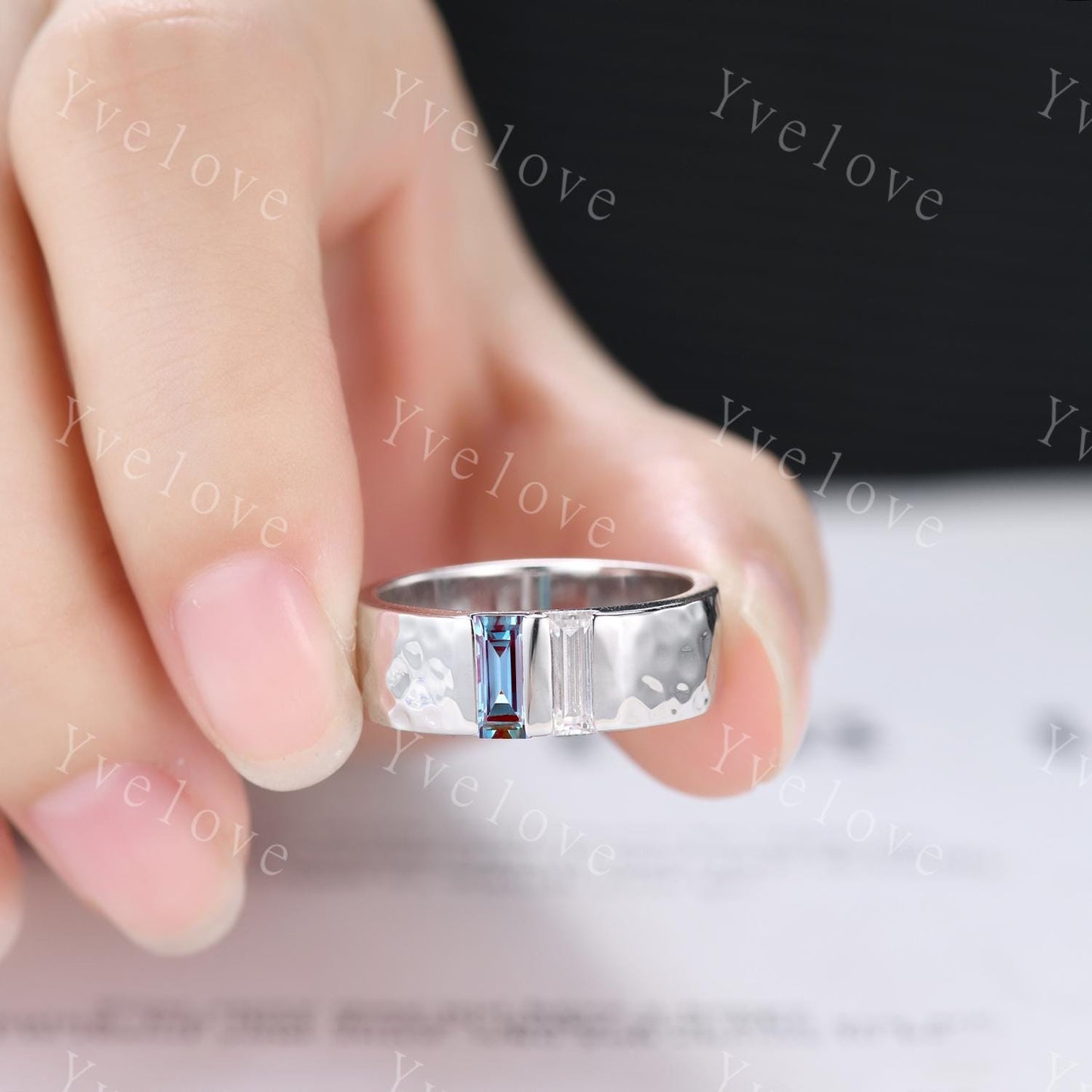7mm Mens Alexandrite Wedding Band Baguette Alexandrite Moissanite Band Silver Ring Mens Hammered Stacking Matching Band Retro Vintage Gift