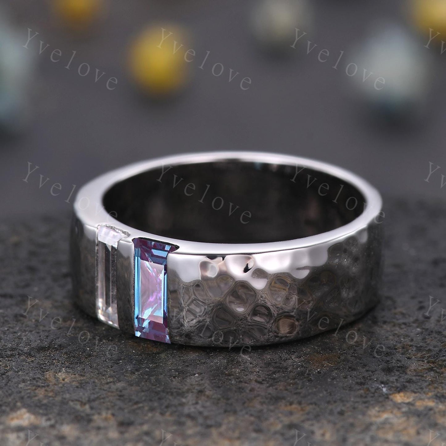 7mm Mens Alexandrite Wedding Band Baguette Alexandrite Moissanite Band Silver Ring Mens Hammered Stacking Matching Band Retro Vintage Gift
