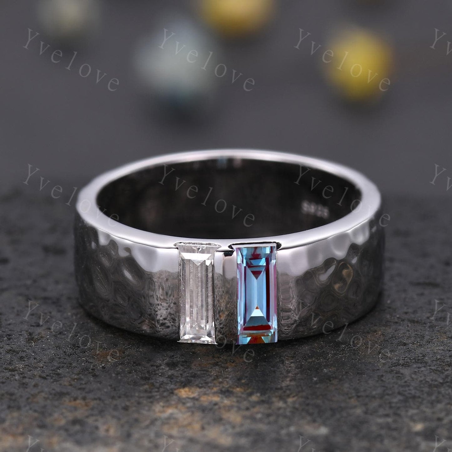 7mm Mens Alexandrite Wedding Band Baguette Alexandrite Moissanite Band Silver Ring Mens Hammered Stacking Matching Band Retro Vintage Gift