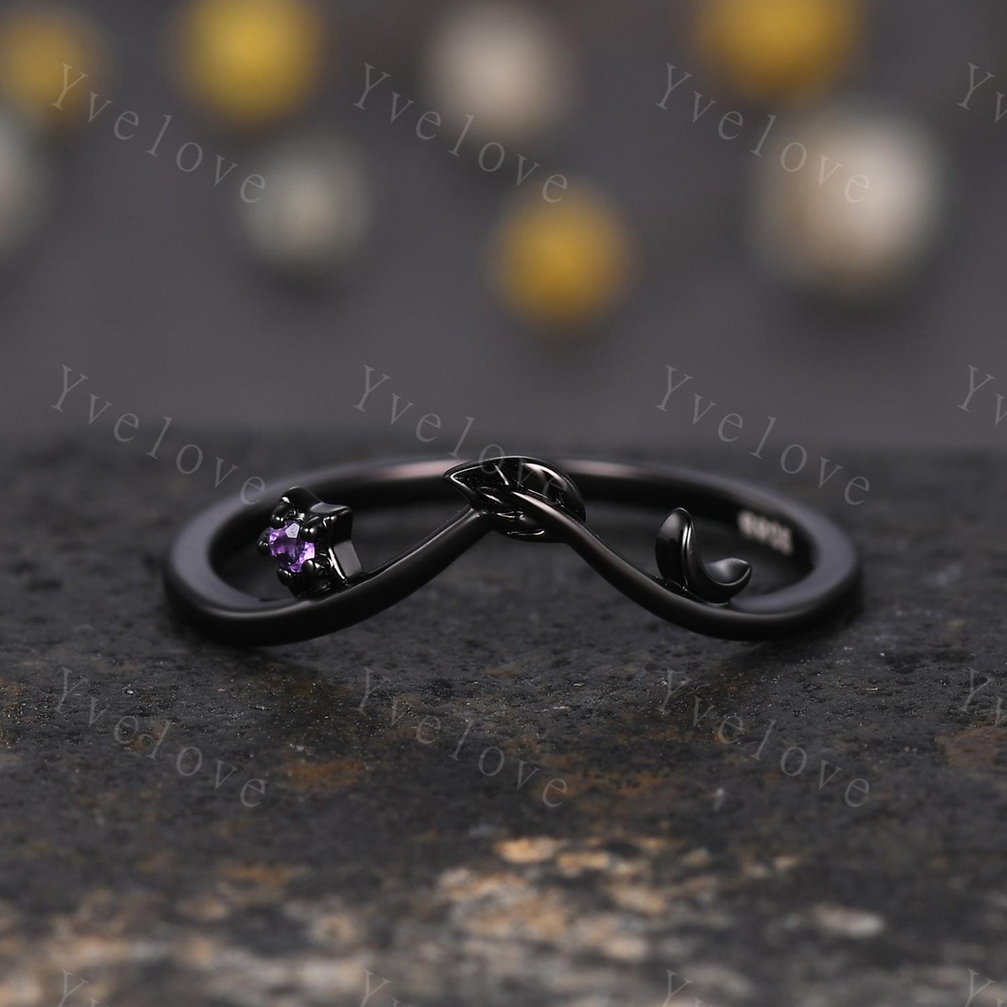 Retro Amethyst Engagement Ring,Moon Ring Leaf Matching Band,Women Vine Band,Gothic V Curved Branch Wedding Band,Black Gold Wedding Band Gift
