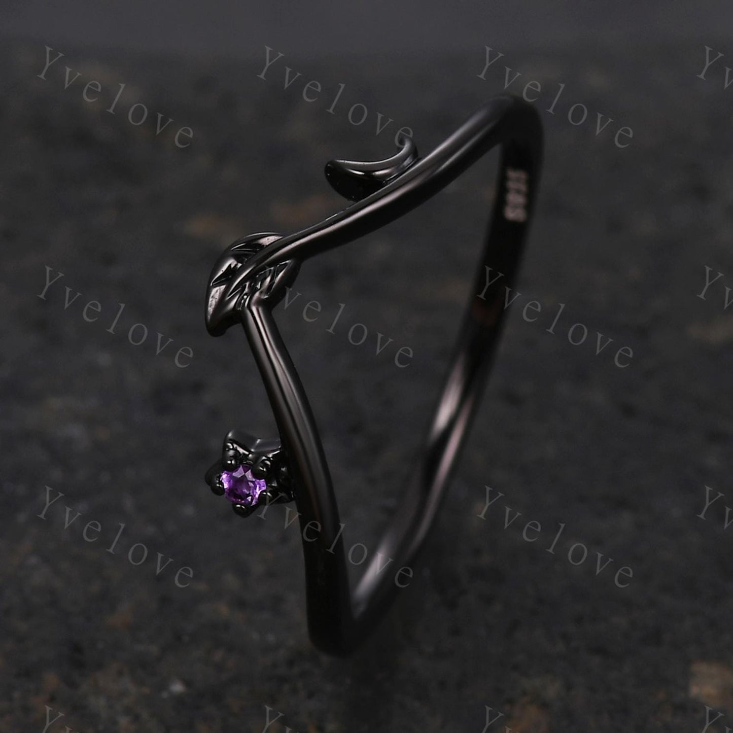 Retro Amethyst Engagement Ring,Moon Ring Leaf Matching Band,Women Vine Band,Gothic V Curved Branch Wedding Band,Black Gold Wedding Band Gift