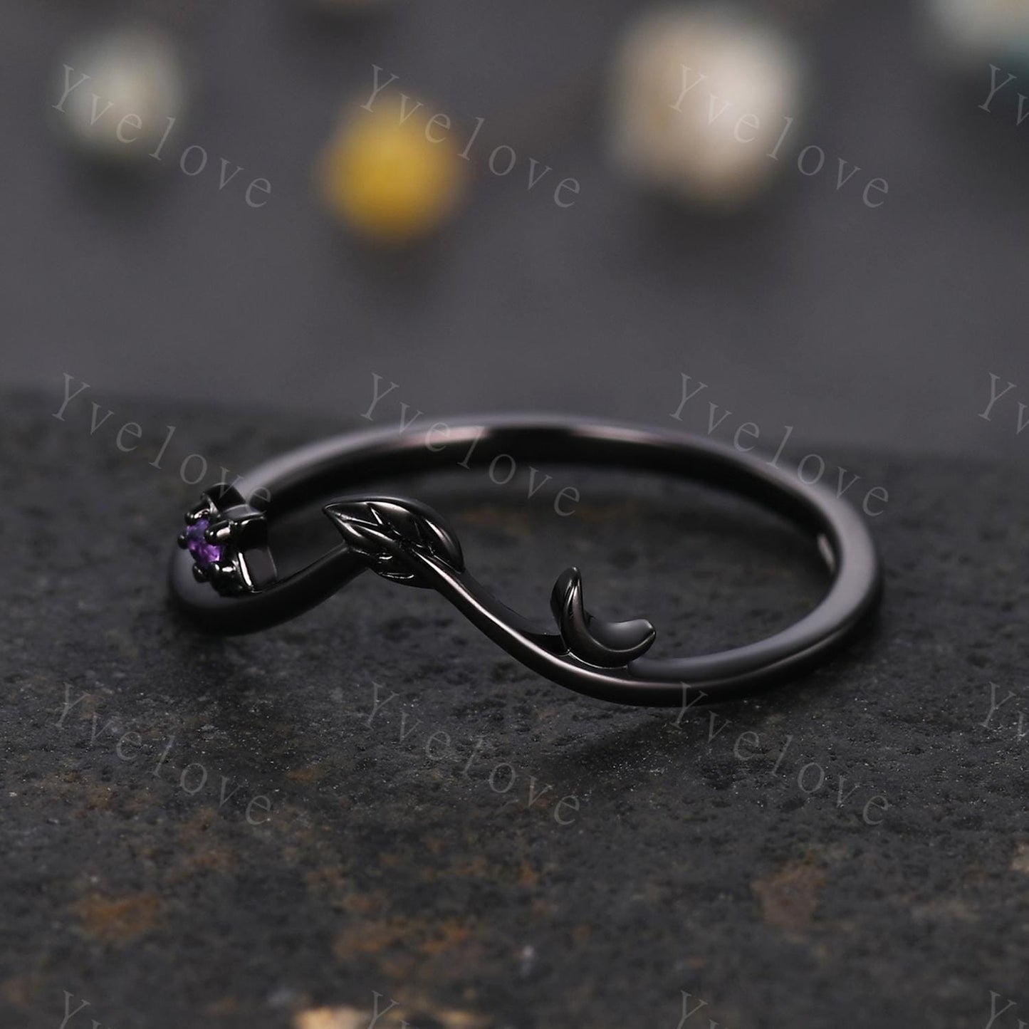 Retro Amethyst Engagement Ring,Moon Ring Leaf Matching Band,Women Vine Band,Gothic V Curved Branch Wedding Band,Black Gold Wedding Band Gift