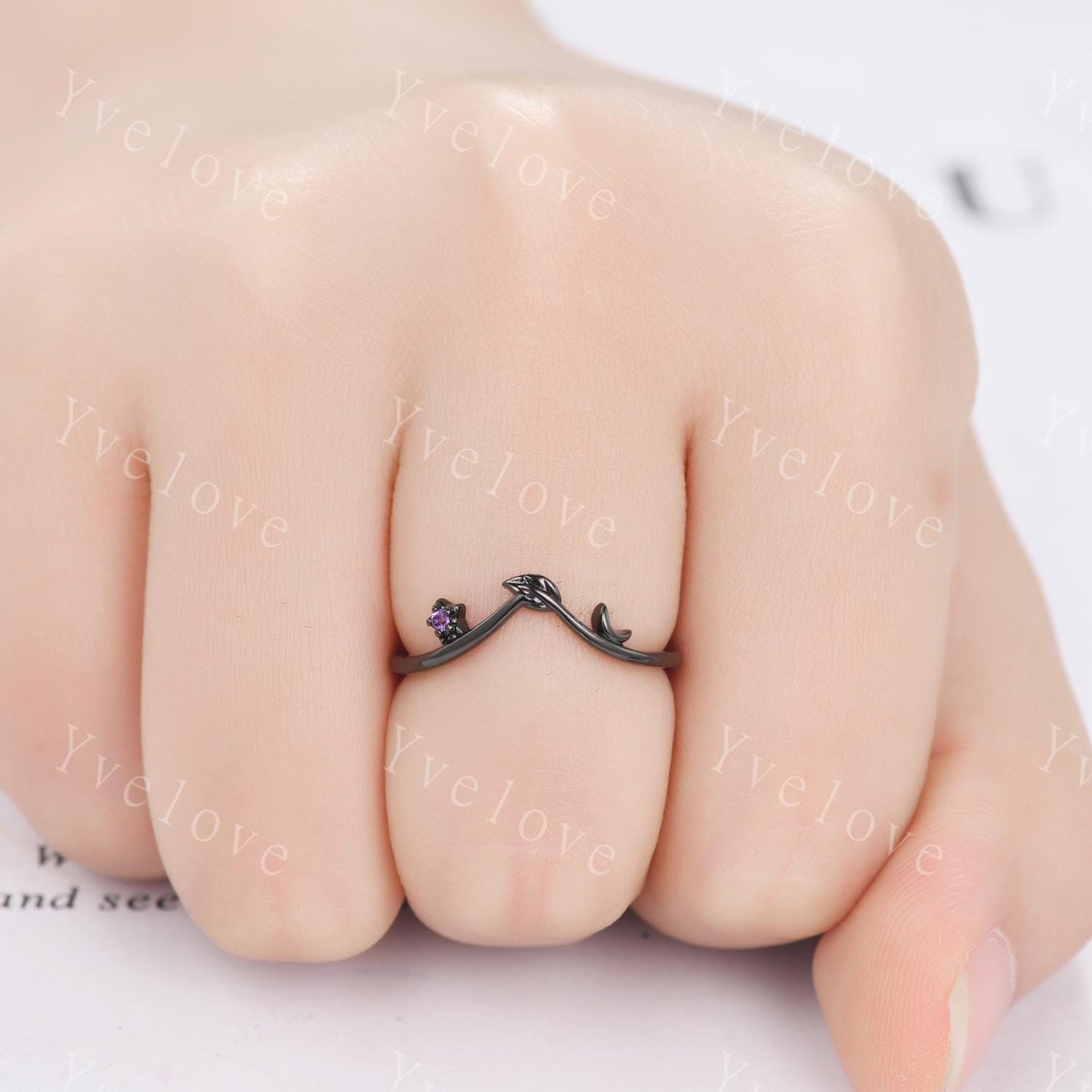 Retro Amethyst Engagement Ring,Moon Ring Leaf Matching Band,Women Vine Band,Gothic V Curved Branch Wedding Band,Black Gold Wedding Band Gift