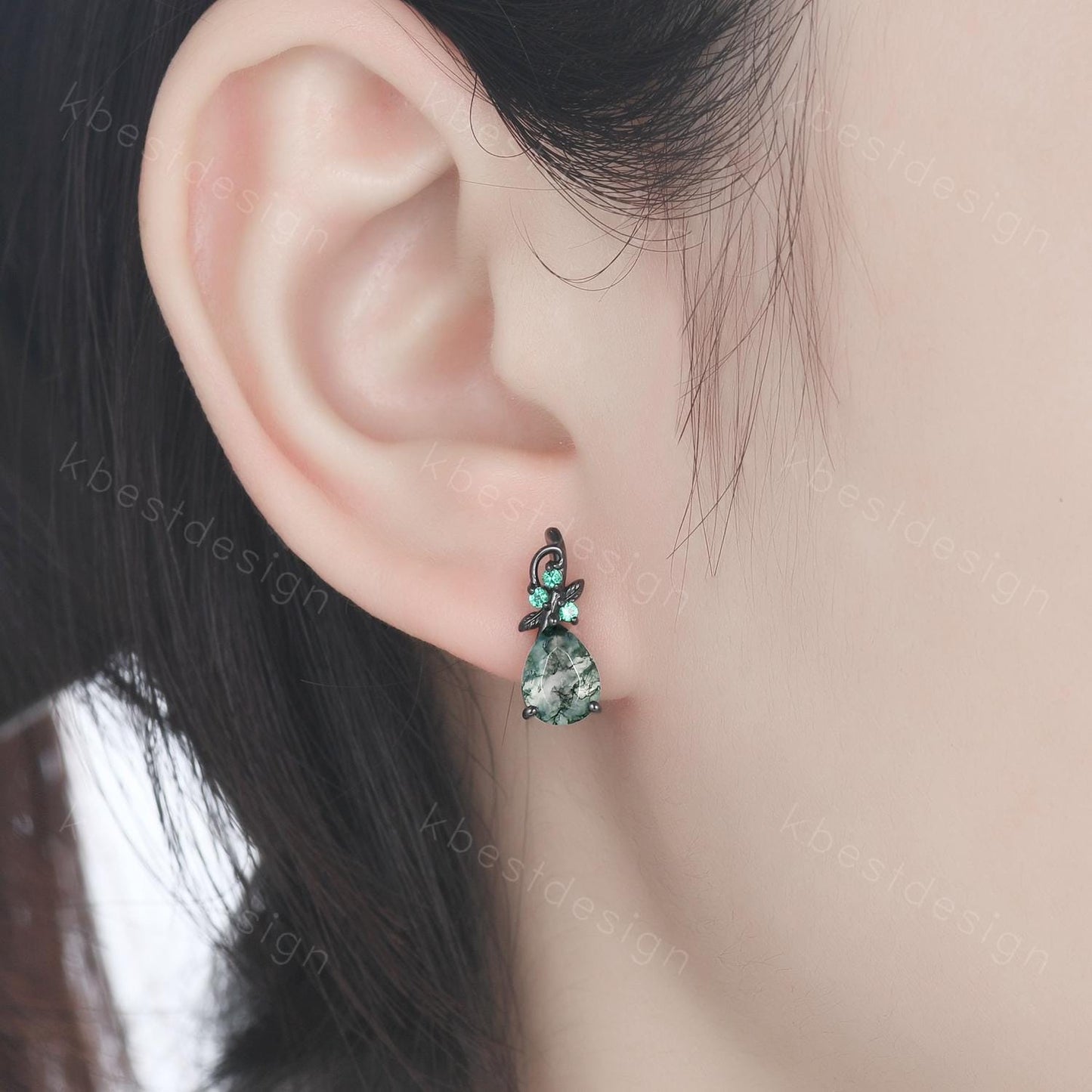 Nature inspired moss agate earrings women rose gold earring studs teardrop earrings art deco green agate studs anniversary gift for her