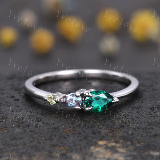Vintage Emerald Alexandrite Engagement Ring,Pear Cut Gems,Art Deco Black Opal Peridot Wedding Band,3 Stone Unique Women Bridal Promise Ring