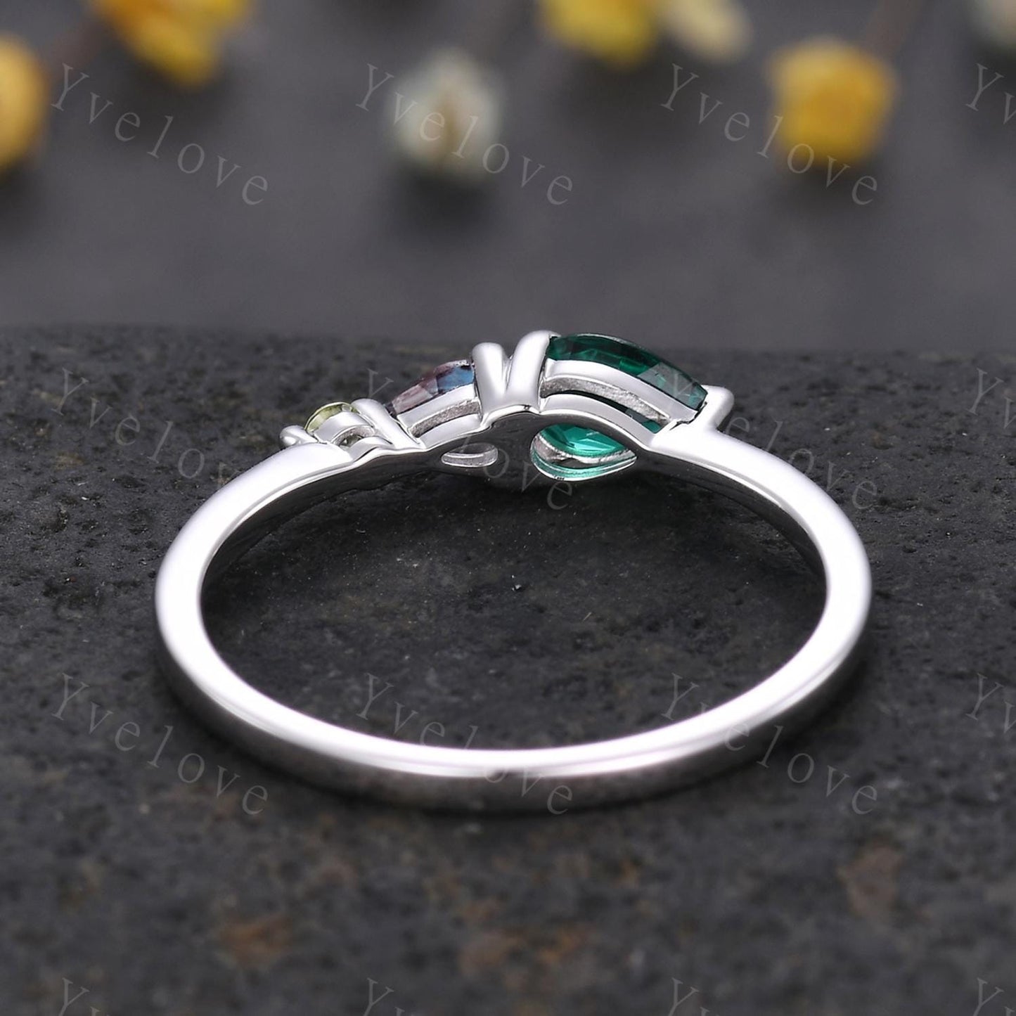Vintage Emerald Alexandrite Engagement Ring,Pear Cut Gems,Art Deco Black Opal Peridot Wedding Band,3 Stone Unique Women Bridal Promise Ring