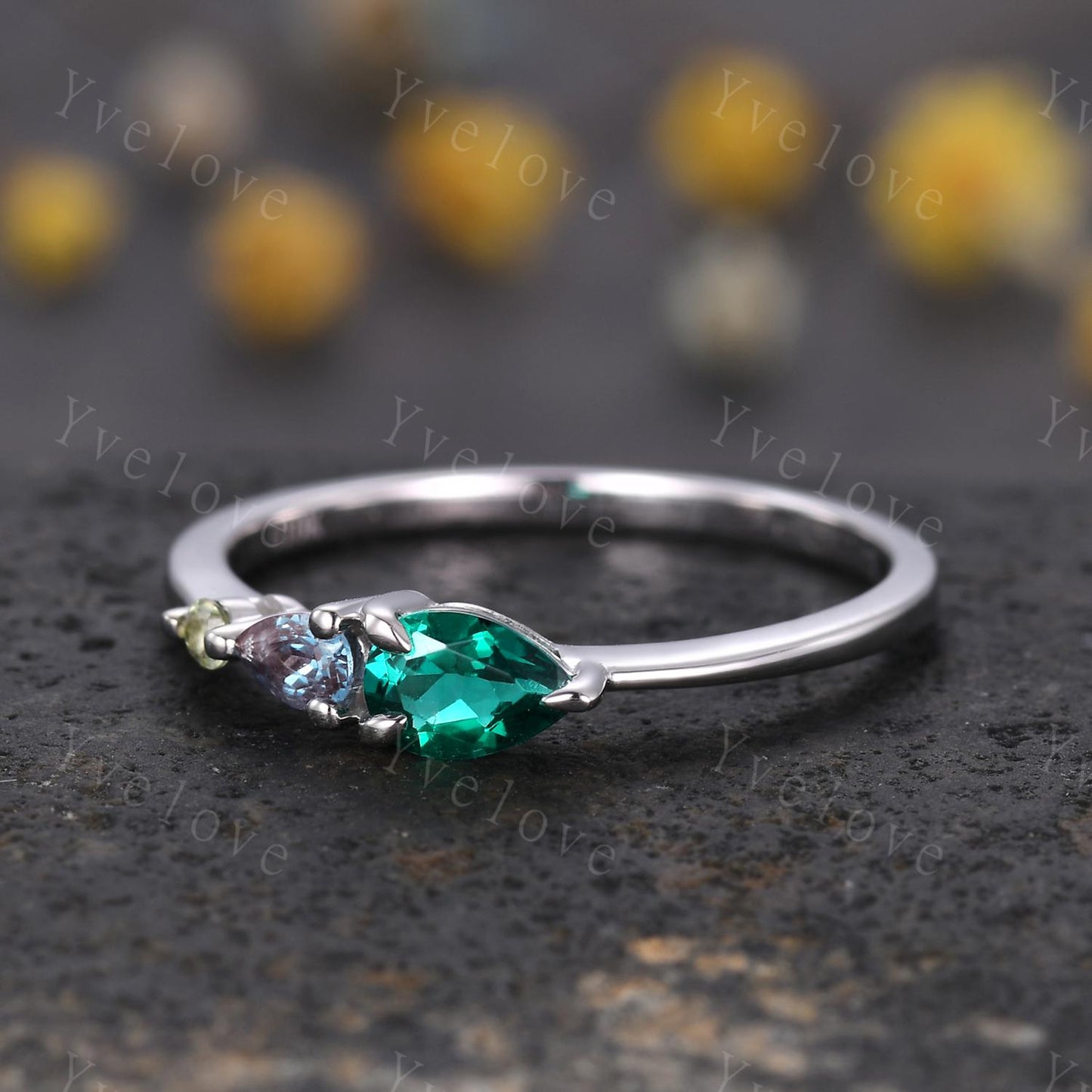 Vintage Emerald Alexandrite Engagement Ring,Pear Cut Gems,Art Deco Black Opal Peridot Wedding Band,3 Stone Unique Women Bridal Promise Ring