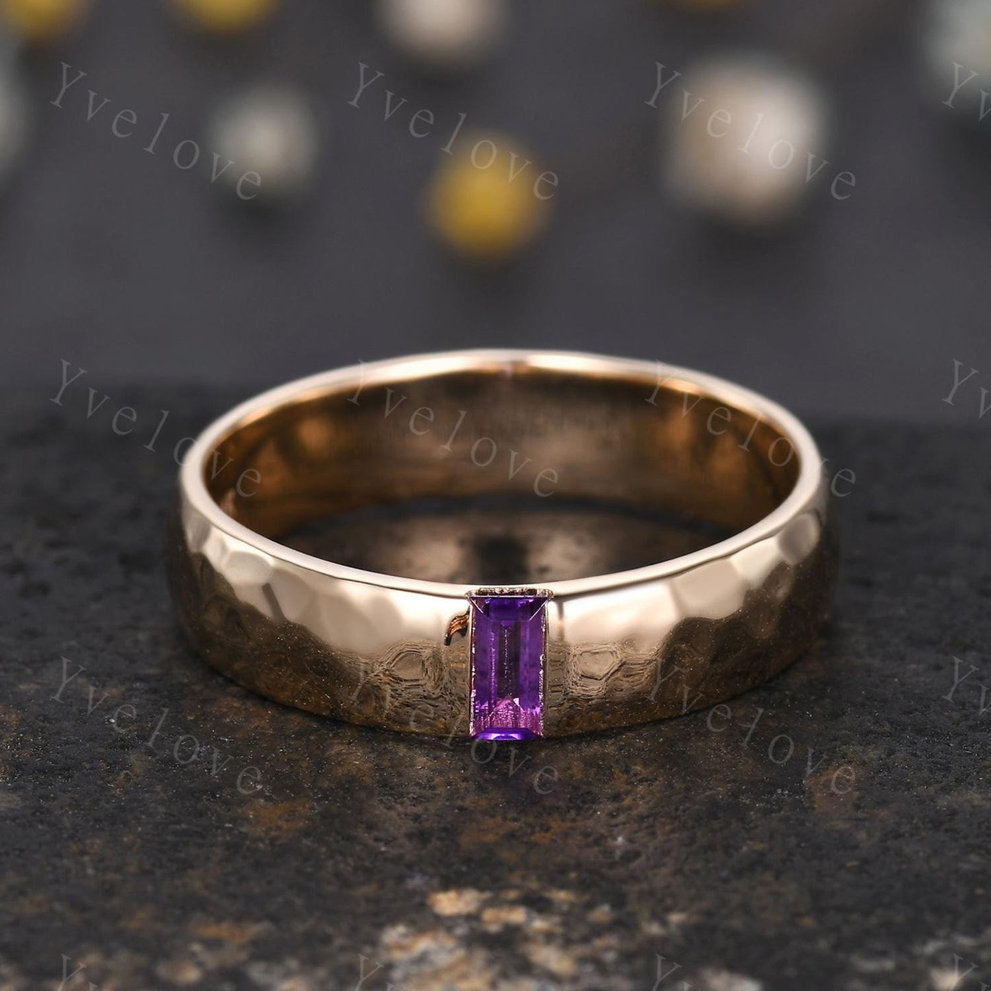 Mens Amethyst Wedding Band Baguette Cut Amethyst Band 5mm Solid Gold Ring Mens Hammered Stacking Matching Band Retro Vintage Ring Gift