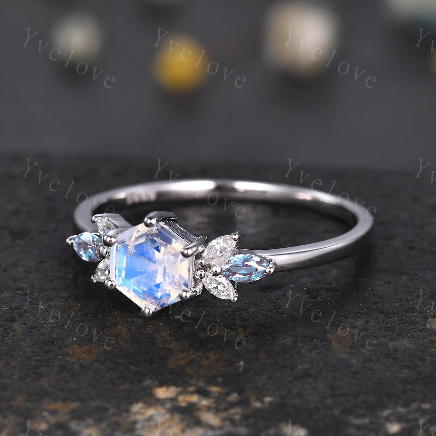 Vintage Hexagon Moonstone Engagement Ring White Gold Women Marquise Moissanite Alexandirte Gems Matching Stacking Band Promise Bridal Ring