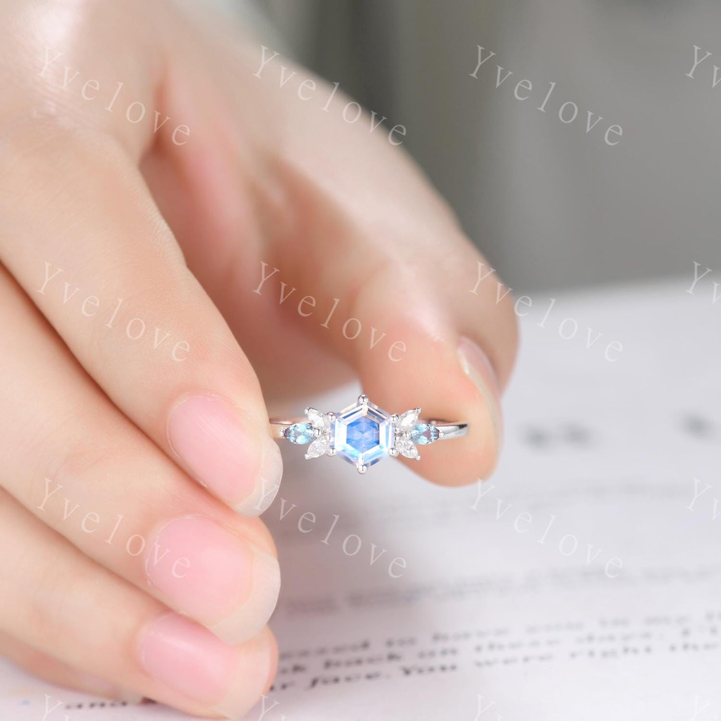 Vintage Hexagon Moonstone Engagement Ring White Gold Women Marquise Moissanite Alexandirte Gems Matching Stacking Band Promise Bridal Ring