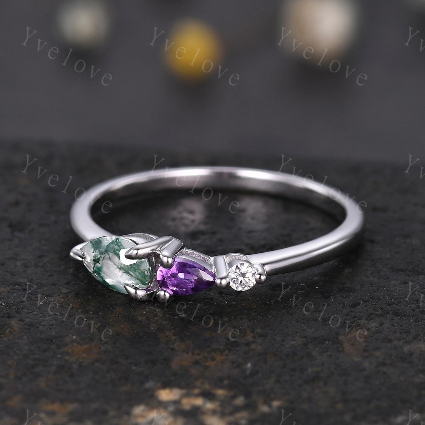 Unique Moss Agate Amethyst Engagement Ring,Pear Cut Gems,Art Deco Diamond Wedding Band,3 Stone Unique Women Bridal Promise Ring,Customized