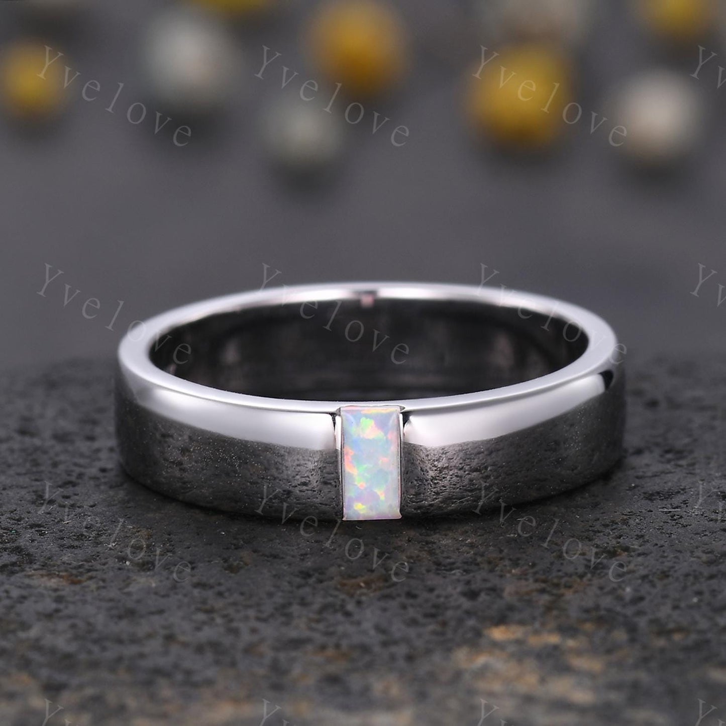 Mens White Opal Wedding Band Baguette Cut Opal Plain Band 5mm Black Gold Ring Mens Solitaire Stacking Matching Band Retro Vintage Ring Gift