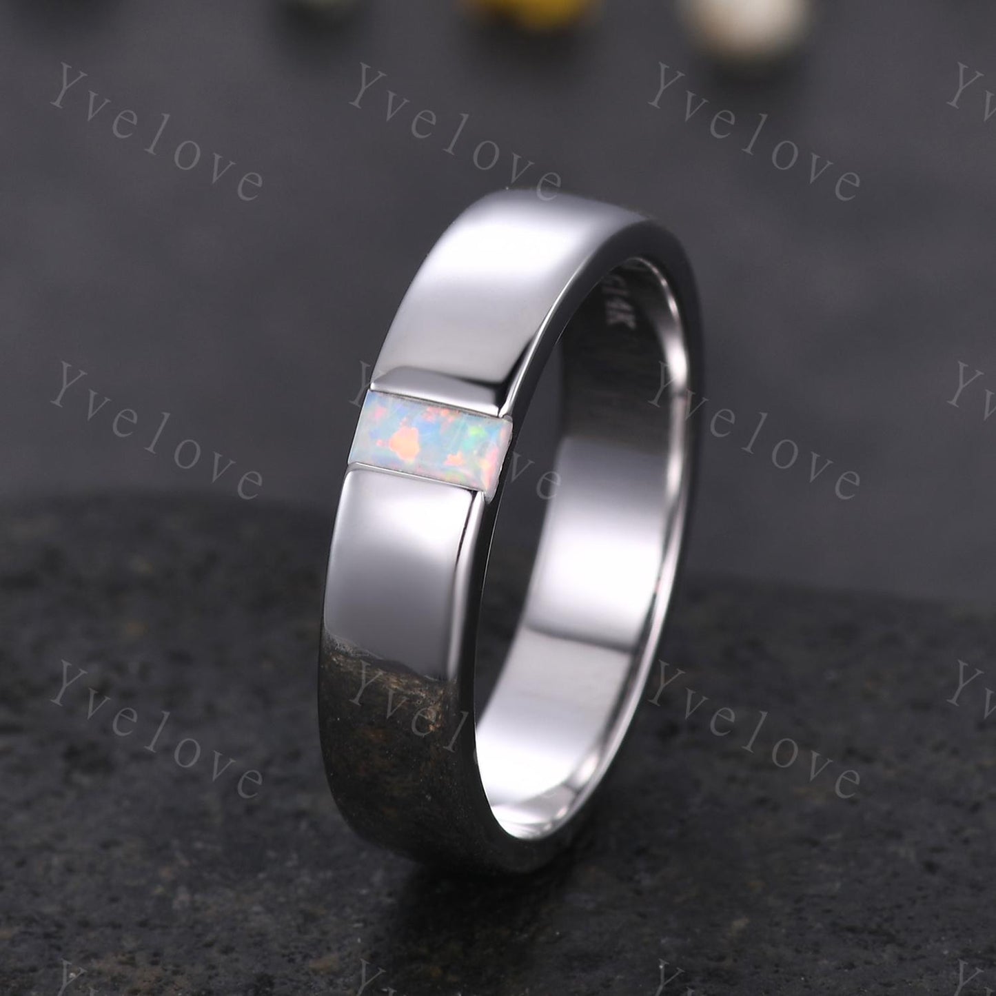 Mens White Opal Wedding Band Baguette Cut Opal Plain Band 5mm White Gold Ring Mens Solitaire Stacking Matching Band Retro Vintage Ring Gift