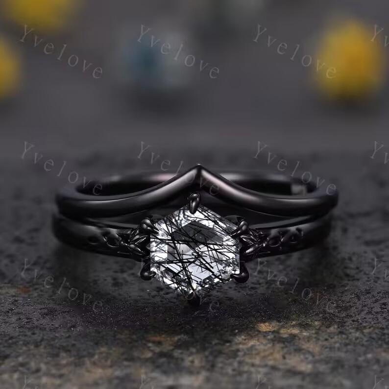 Vintage Black Rutilated Quartz Engagement Ring Set,Black Gold Ring,Hexagon Cut Bridal Ring,Art Deco Black Quartz Matching Band,Promise Gift