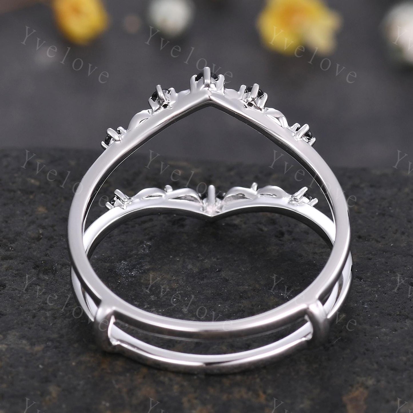 Retro Black Spinel Engagement Ring,Twig Leaf Matching Band,Women Vine Band,Gothic V Curved Branch Enhancer Band,925 Silver Wedding Band Gift