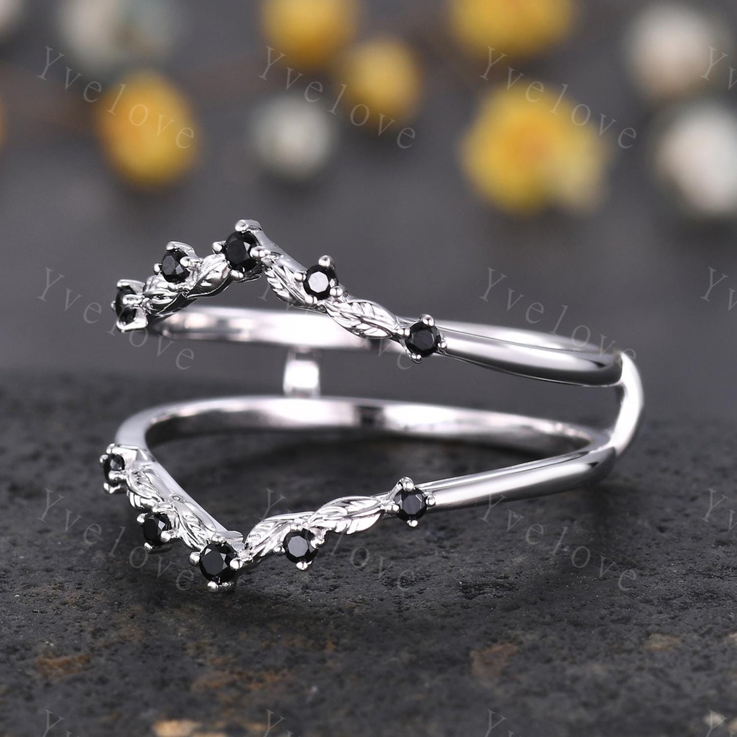 Retro Black Spinel Engagement Ring,Twig Leaf Matching Band,Women Vine Band,Gothic V Curved Branch Enhancer Band,925 Silver Wedding Band Gift