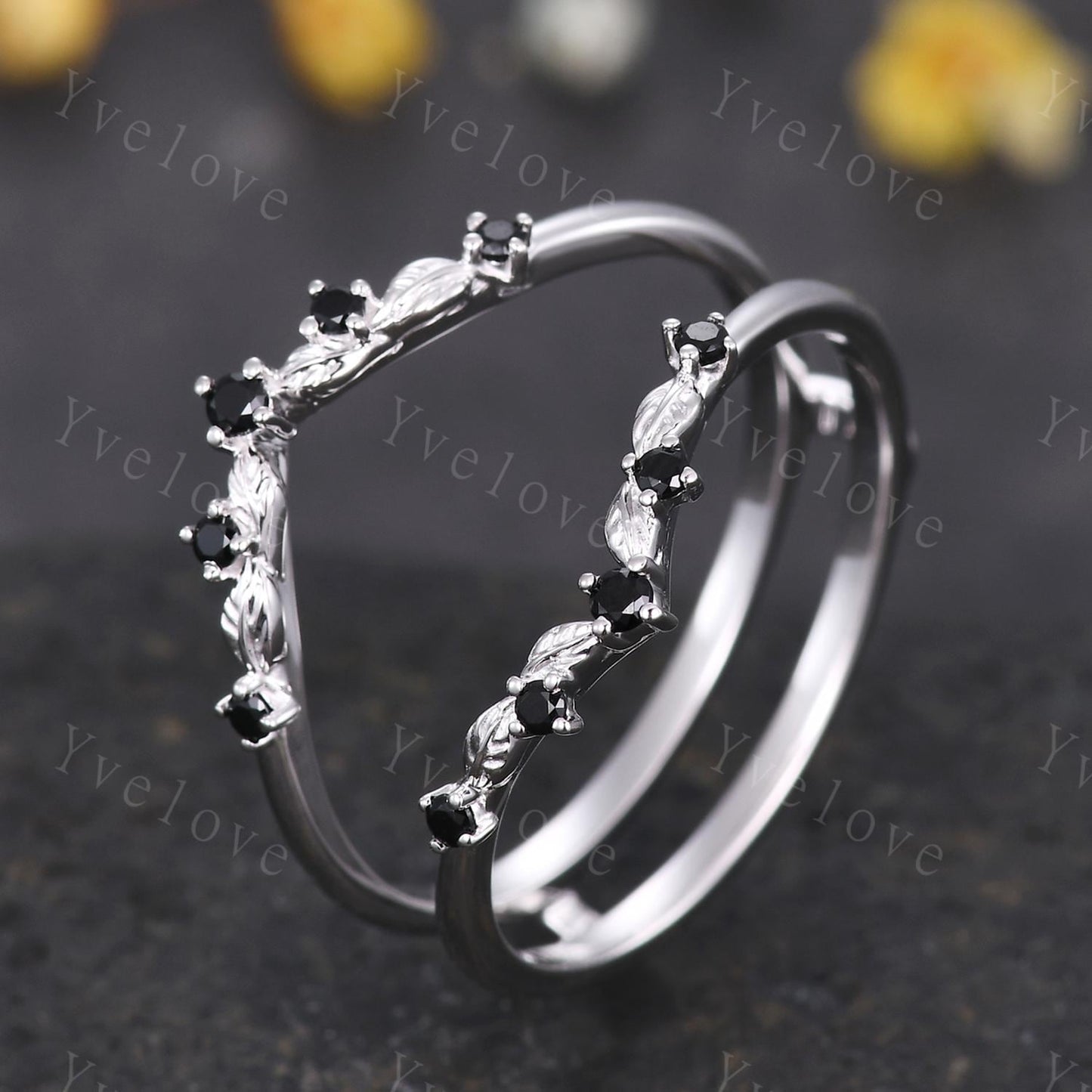 Retro Black Spinel Engagement Ring,Twig Leaf Matching Band,Women Vine Band,Gothic V Curved Branch Enhancer Band,925 Silver Wedding Band Gift