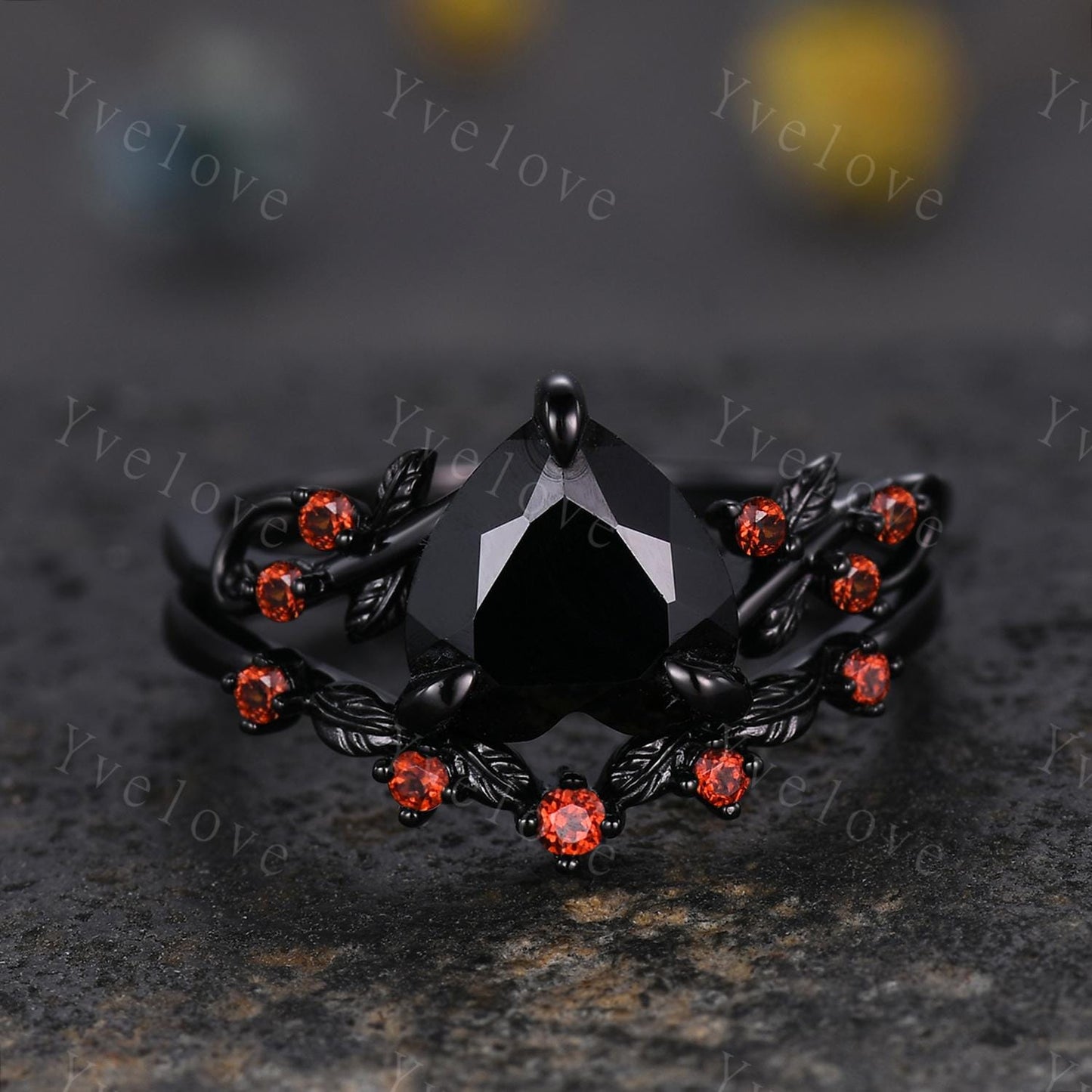 8mm Heart Shaped Black Onyx Ring,Vintage Twig Vine Leaf Ring,Antique Red Garnet Bridal Promise Ring Set Nature Inspired 14k Black Gold band
