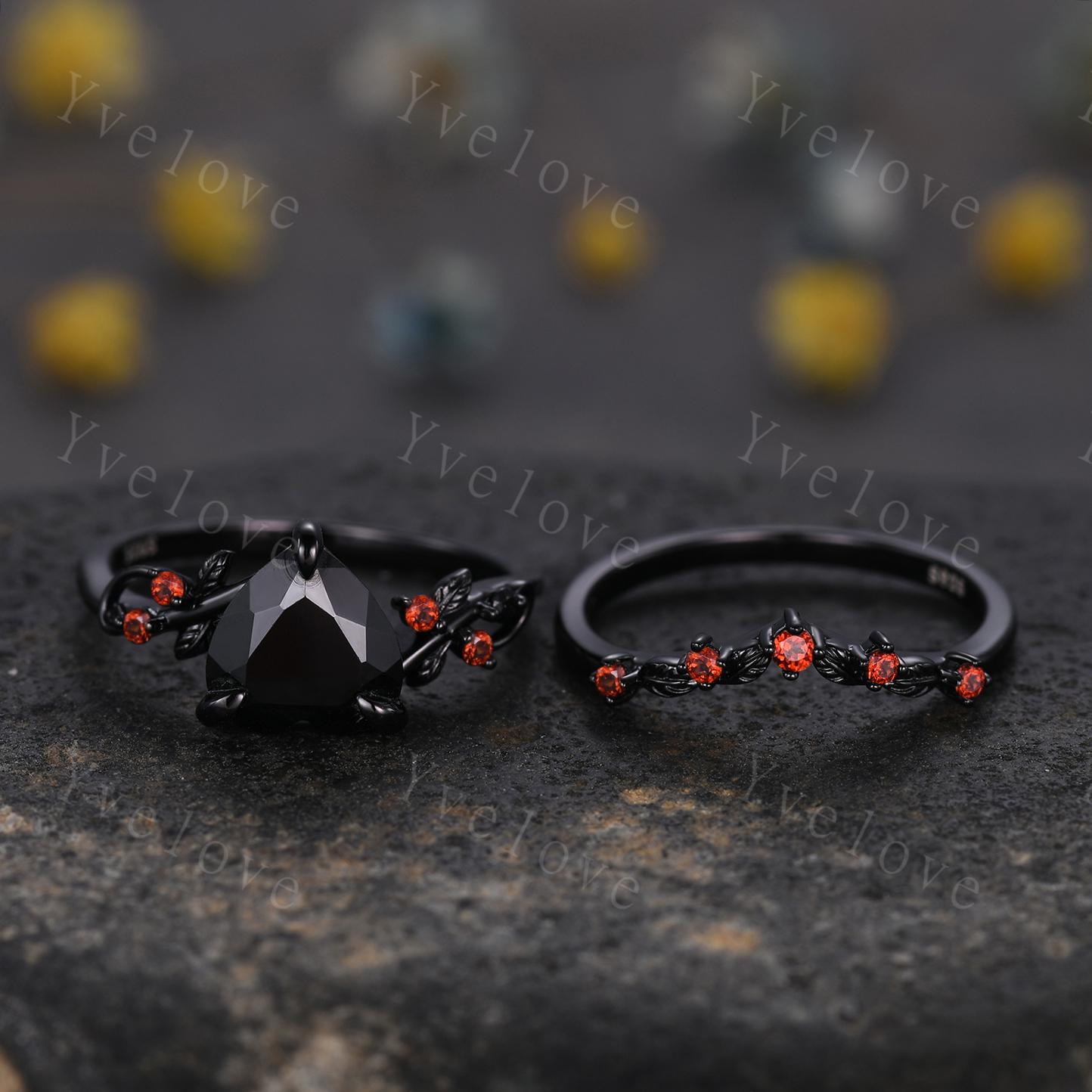 8mm Heart Shaped Black Onyx Ring,Vintage Twig Vine Leaf Ring,Antique Red Garnet Bridal Promise Ring Set Nature Inspired 14k Black Gold band