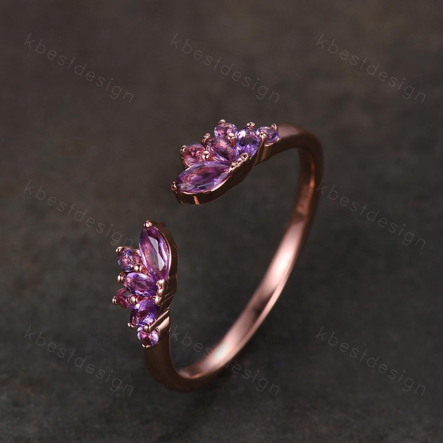 Open gap Amethyst Wedding Band rose gold vintage petal wedding ring Delicate Stacking matching curved wedding band bridal ring gift