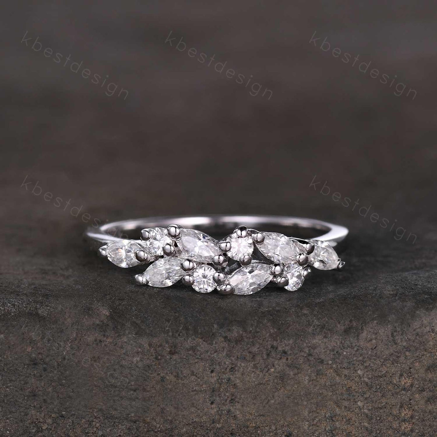 Moissanite cluster wedding band Unique marquise cut moissanite wedding band Vintage stacking matching band Silver ring Anniversary gift