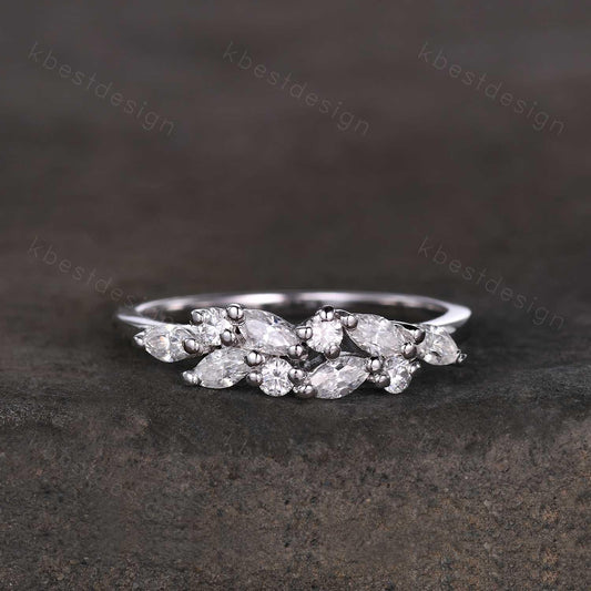 Moissanite cluster wedding band Unique marquise cut moissanite wedding band Vintage stacking matching band Silver ring Anniversary gift
