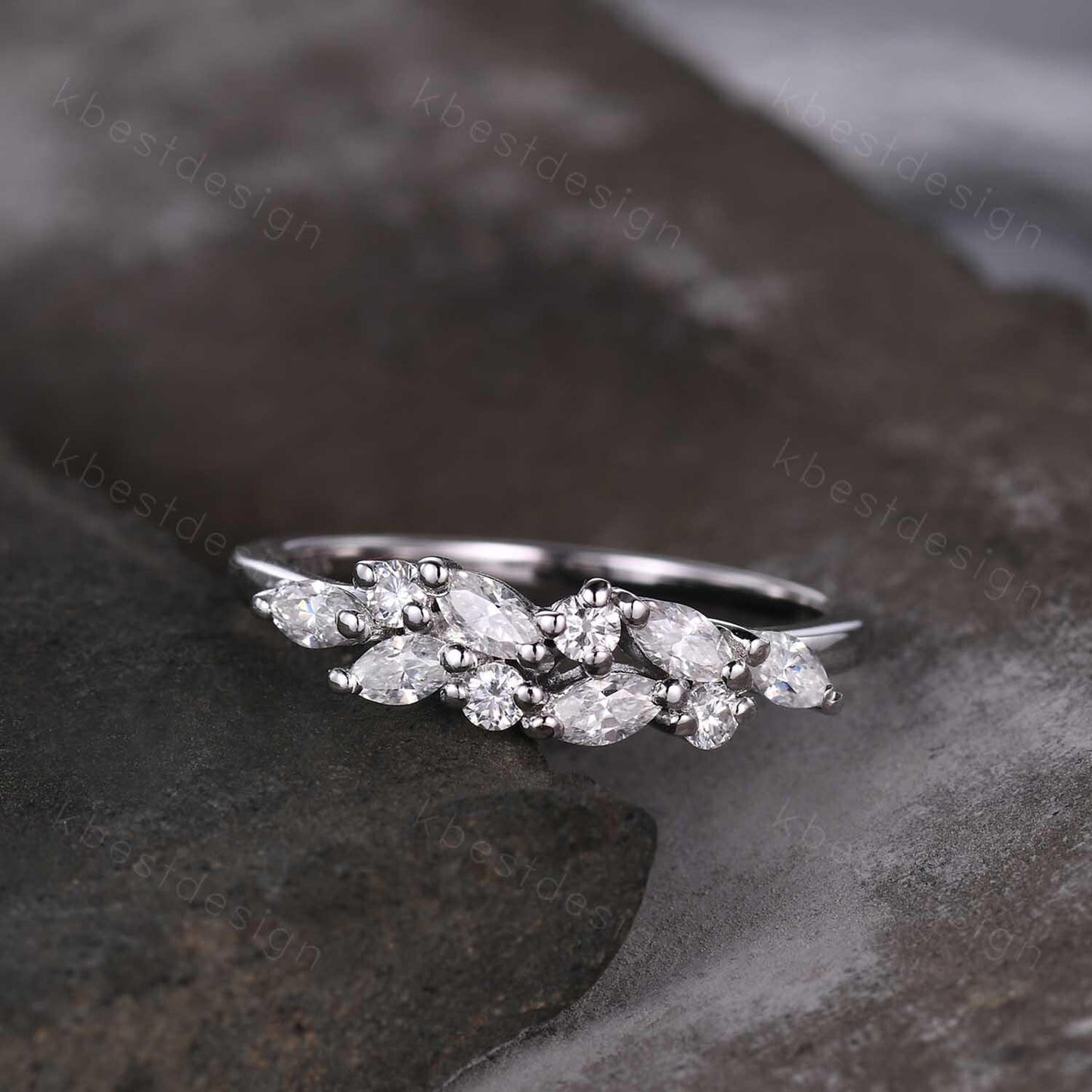 Moissanite cluster wedding band Unique marquise cut moissanite wedding band Vintage stacking matching band Silver ring Anniversary gift