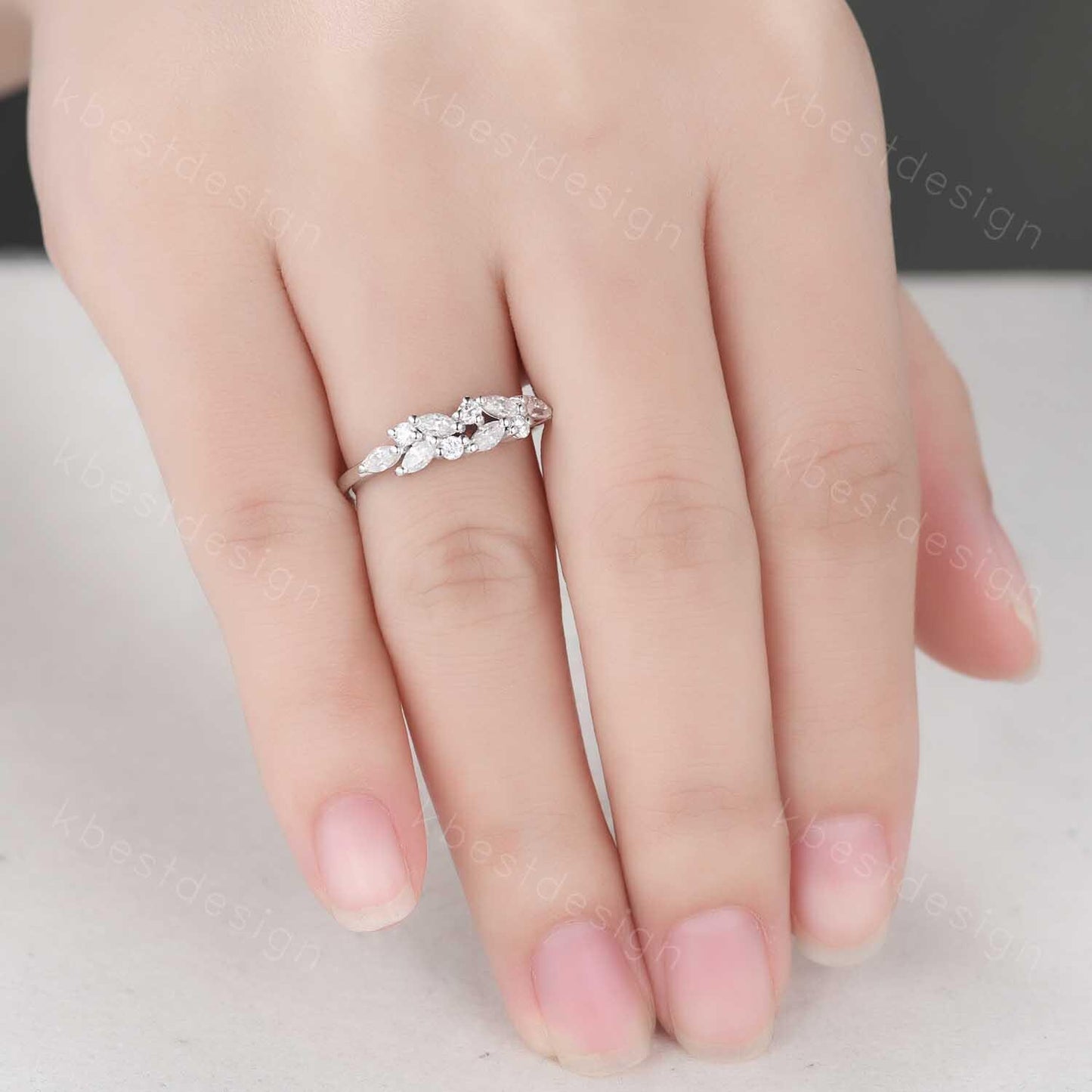 Moissanite cluster wedding band Unique marquise cut moissanite wedding band Vintage stacking matching band Silver ring Anniversary gift