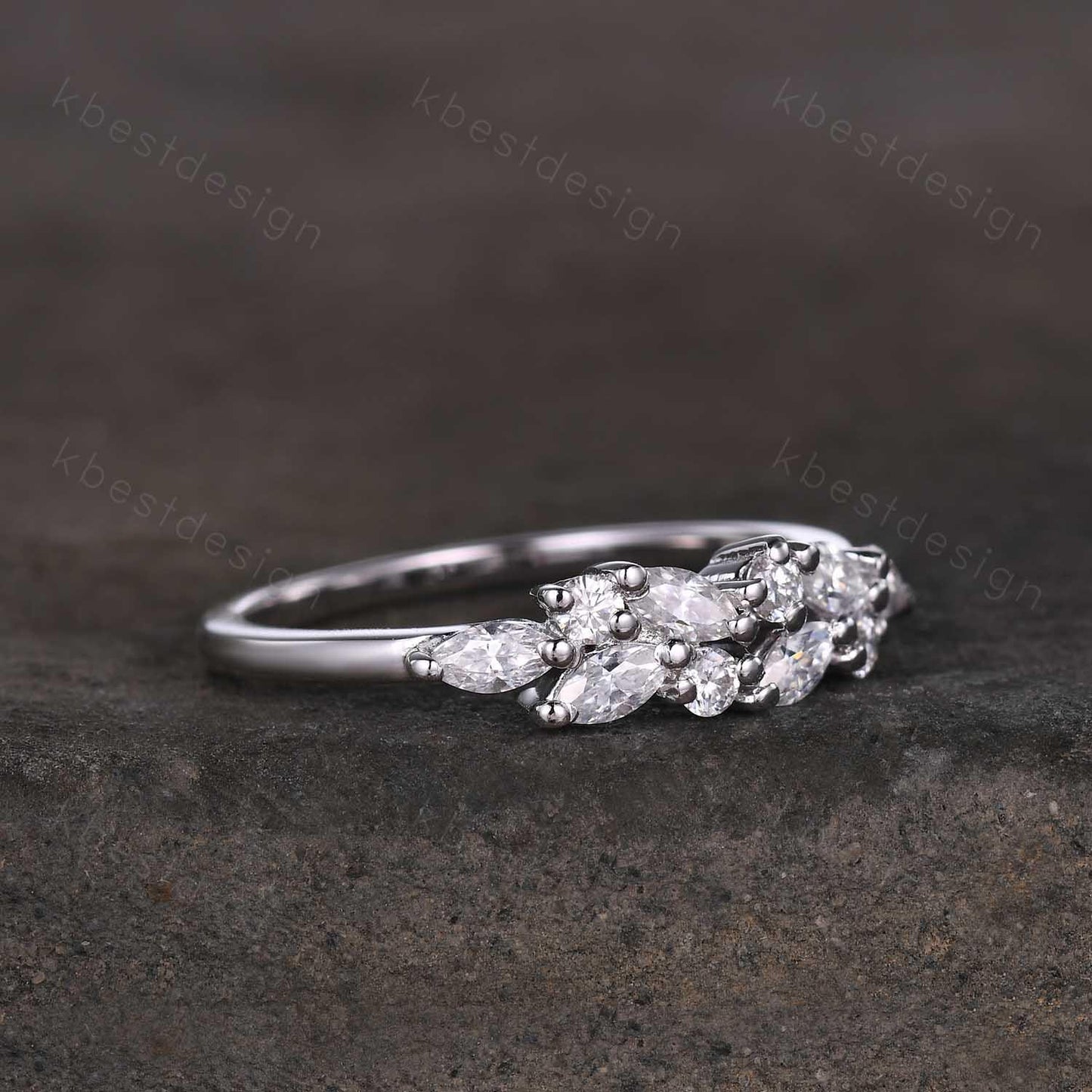 Moissanite cluster wedding band Unique marquise cut moissanite wedding band Vintage stacking matching band Silver ring Anniversary gift