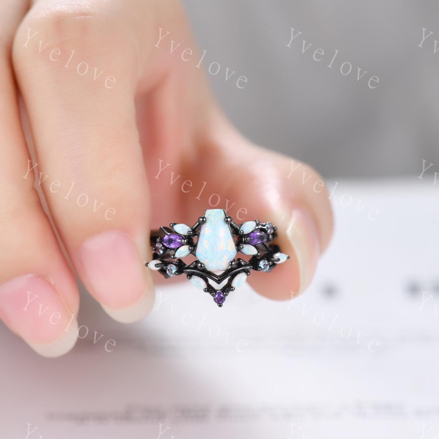 Vintage Coffin White Opal Engagement Ring,Black Gold,Vines Amethyst Opal Ring,Women Bridal Ring,Unique Twig Anniversary Promise Ring Gift