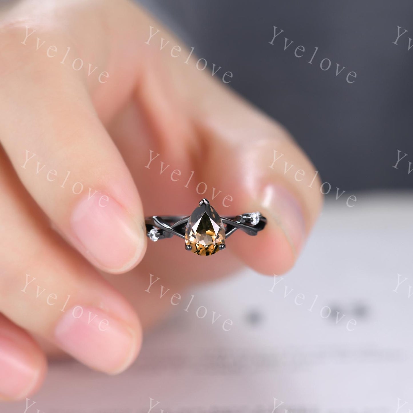 Unique Twig Teardrop Smoky Quartz Engagement Ring,Vintage Vine Diamond Ring,14k Black Gold Branch Ring,Art Deco Her Promise Ring Bridal Set