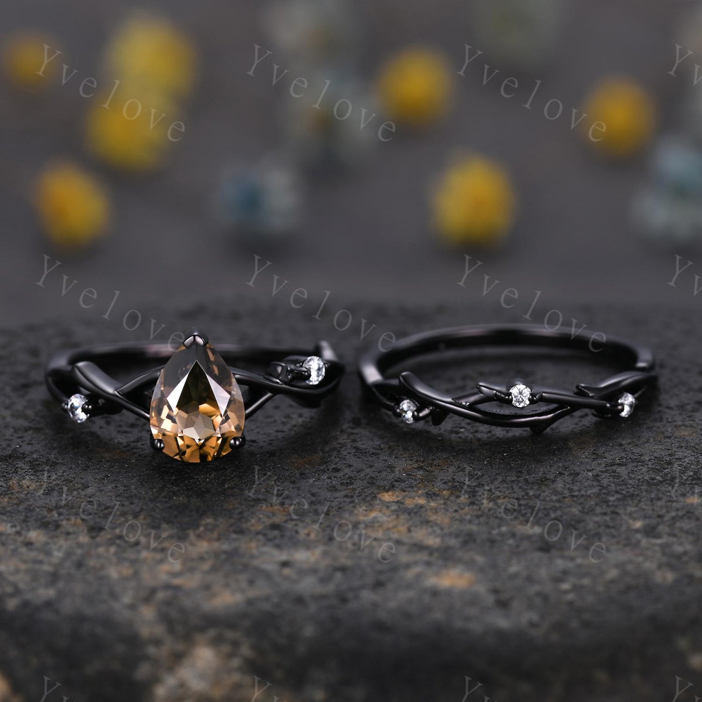 Unique Twig Teardrop Smoky Quartz Engagement Ring Set,Vintage Vine Diamond Ring,Black Gold Branch Ring,Art Deco Her Promise Ring Bridal Set