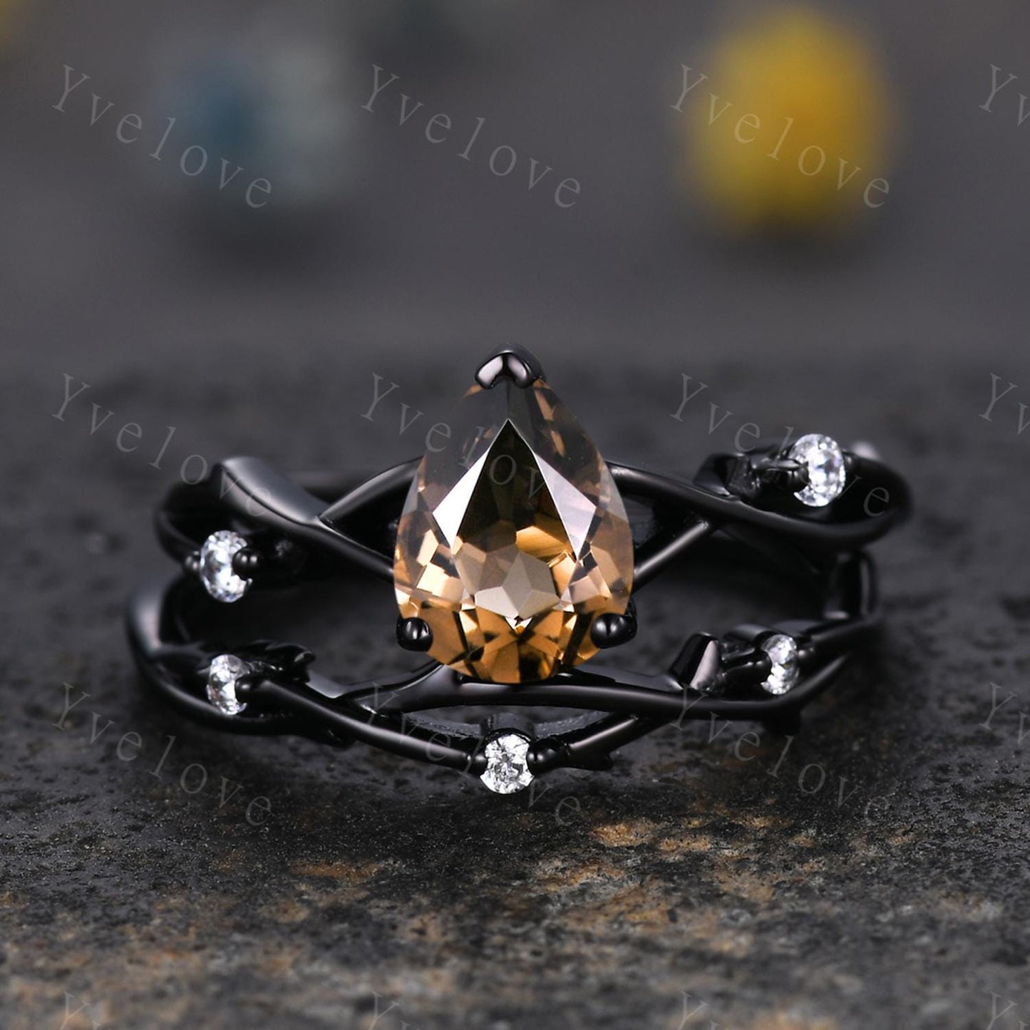 Unique Twig Teardrop Smoky Quartz Engagement Ring Set,Vintage Vine Diamond Ring,Black Gold Branch Ring,Art Deco Her Promise Ring Bridal Set