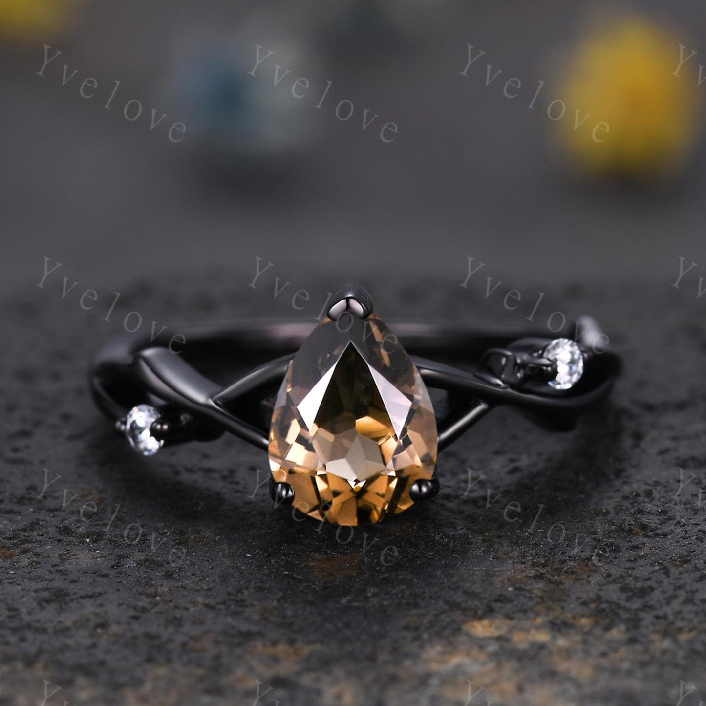 Unique Twig Teardrop Smoky Quartz Engagement Ring,Vintage Vine Diamond Ring,14k Black Gold Branch Ring,Art Deco Her Promise Ring Bridal Set